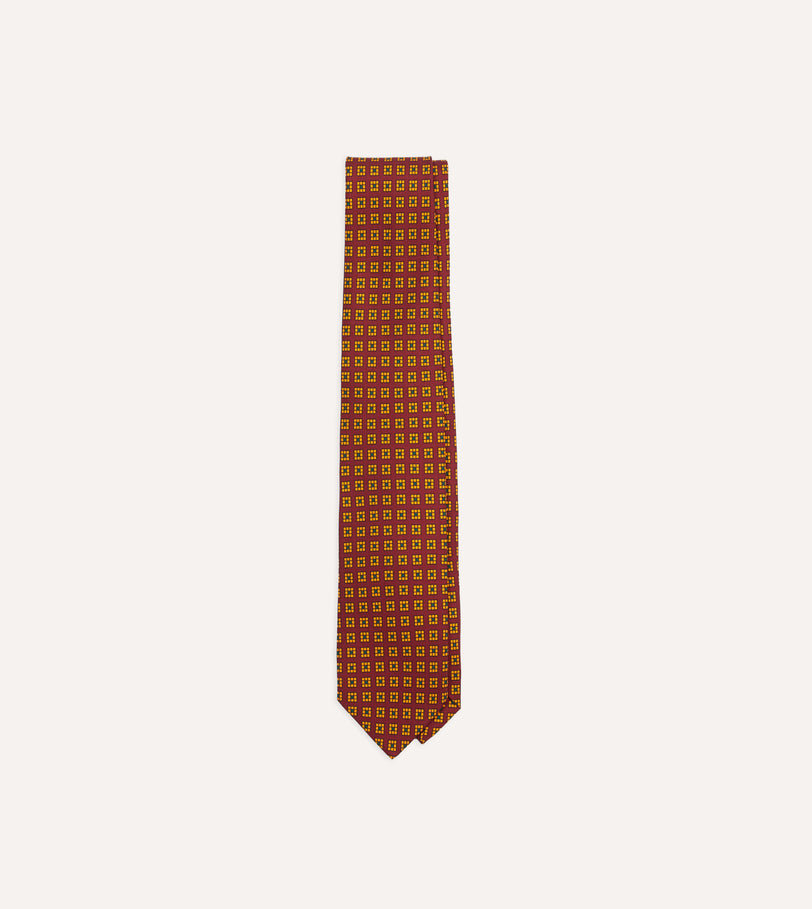 Red and Yellow Tile Print Silk Self-Tipped Tie
