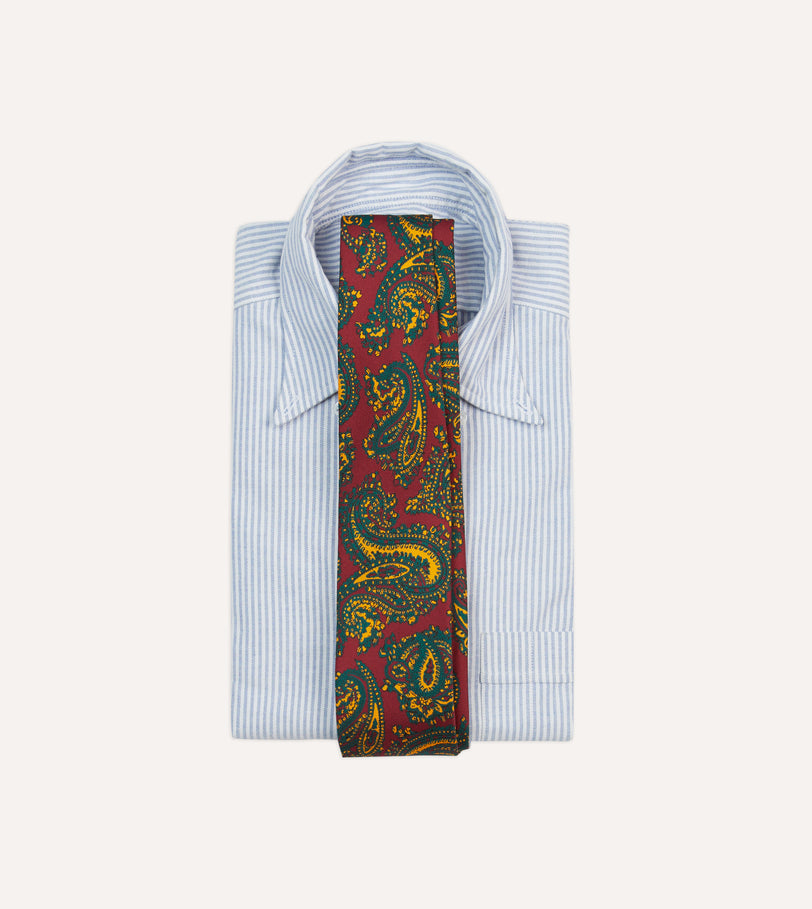 Red and Green Ornate Paisley Print Silk Self Tipped Tie