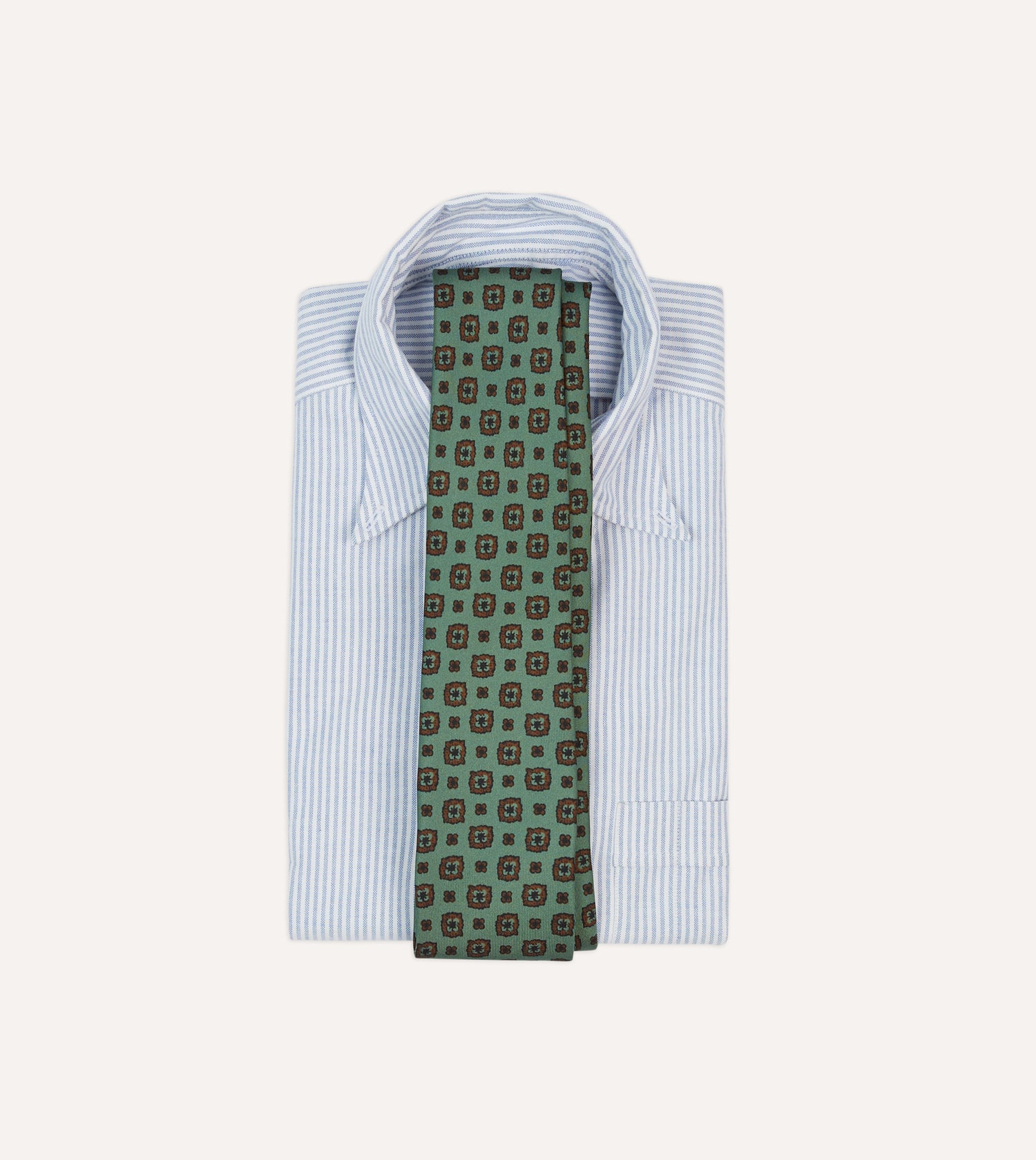 Green Flower Medallion Print Silk Self Tipped Tie