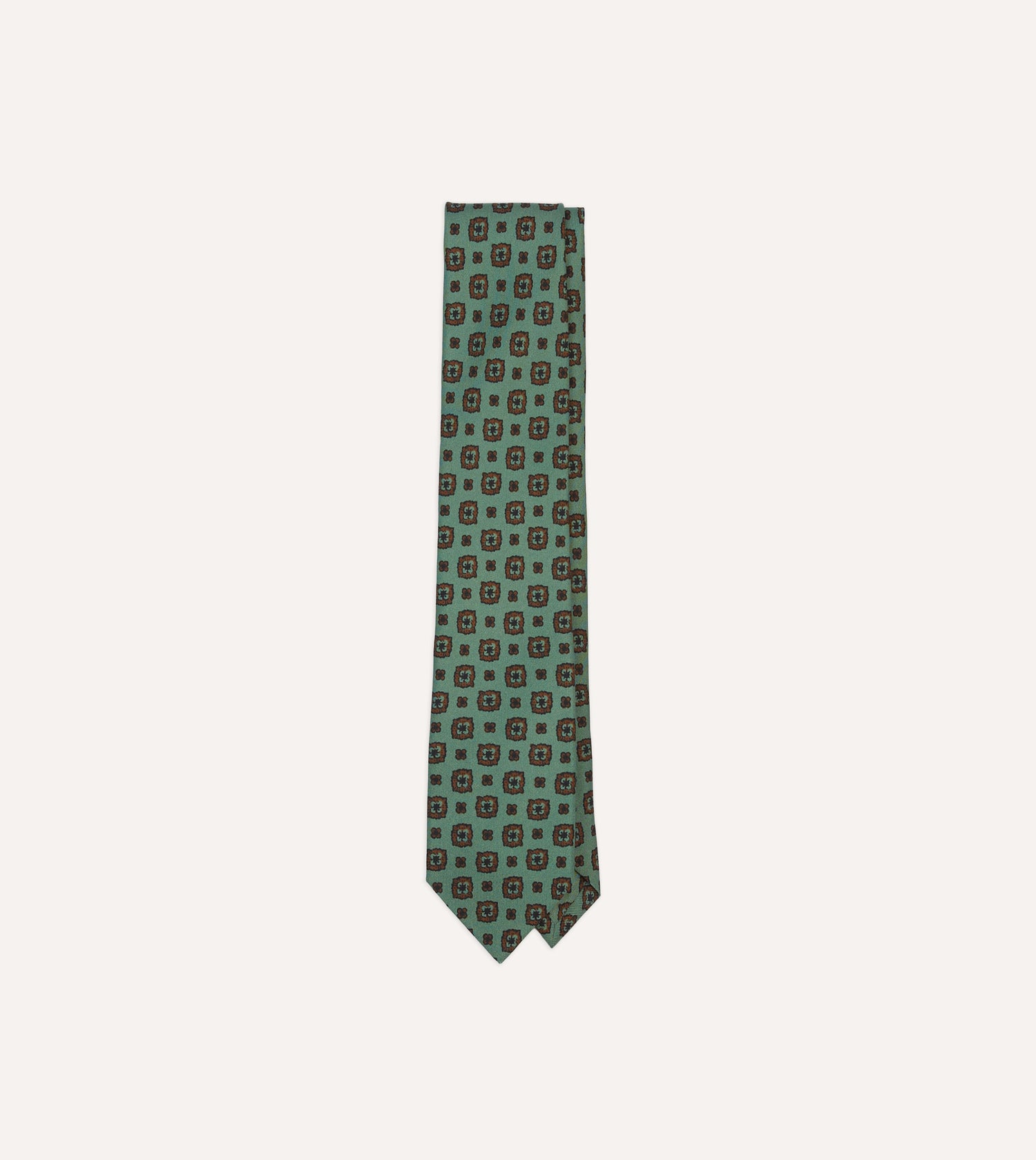 Green Flower Medallion Print Silk Self Tipped Tie