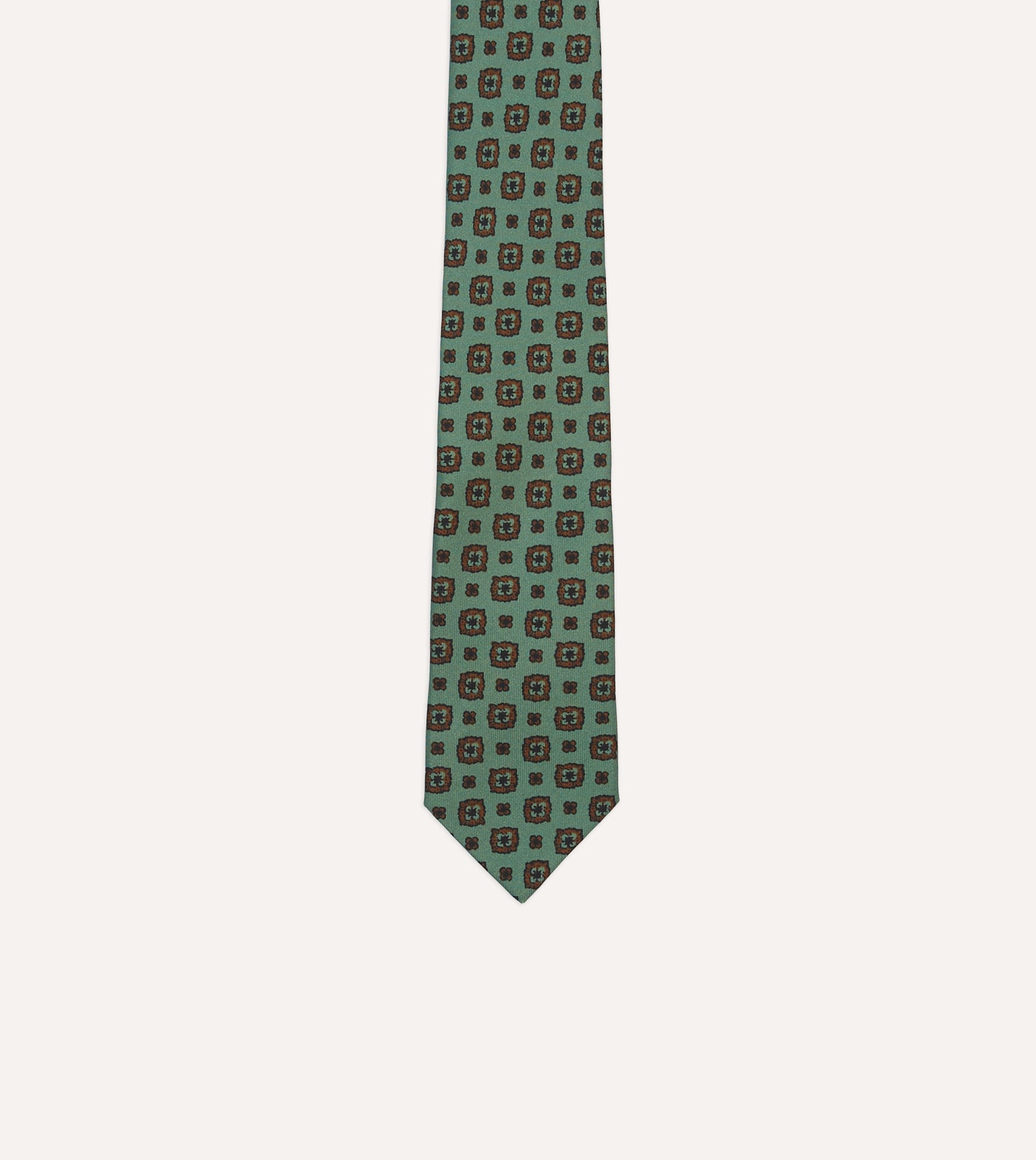 Green Flower Medallion Print Silk Self Tipped Tie