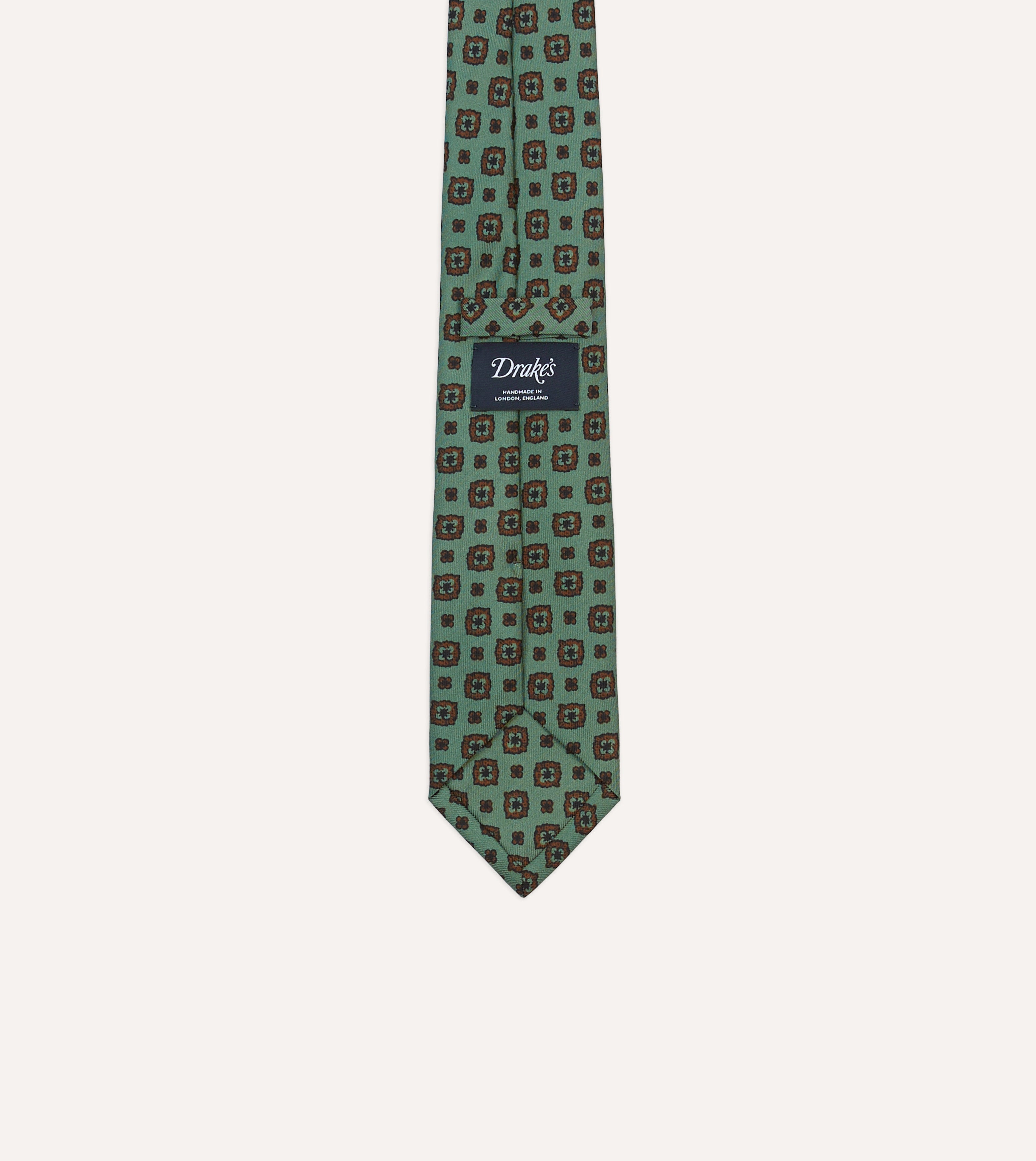 Green Flower Medallion Print Silk Self Tipped Tie