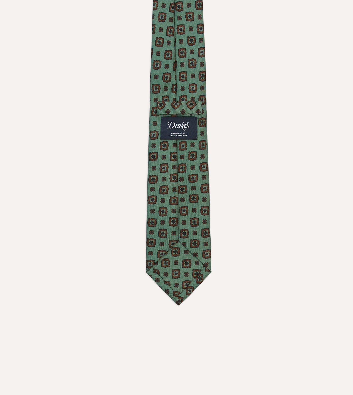 Green Flower Medallion Print Silk Self Tipped Tie