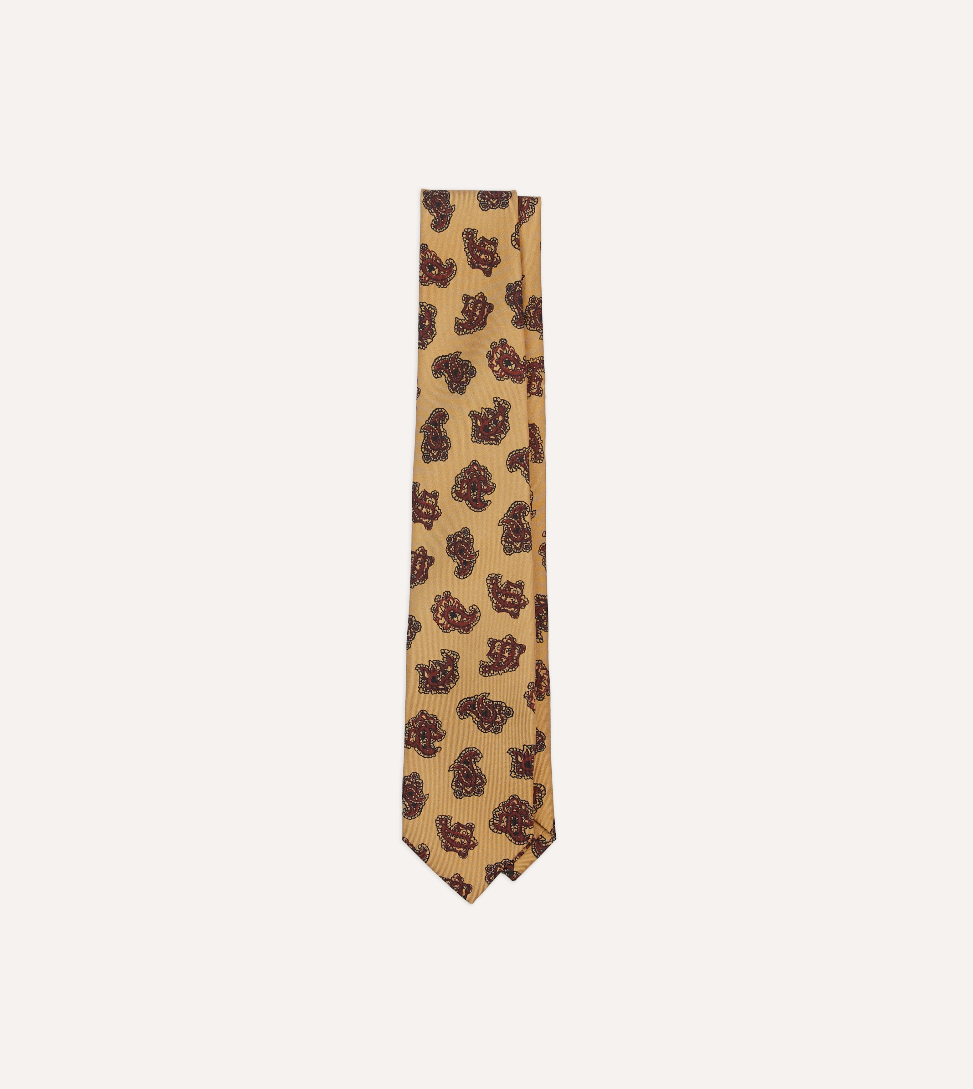 Gold and Red Paisley Motif Print Silk Self Tipped Tie