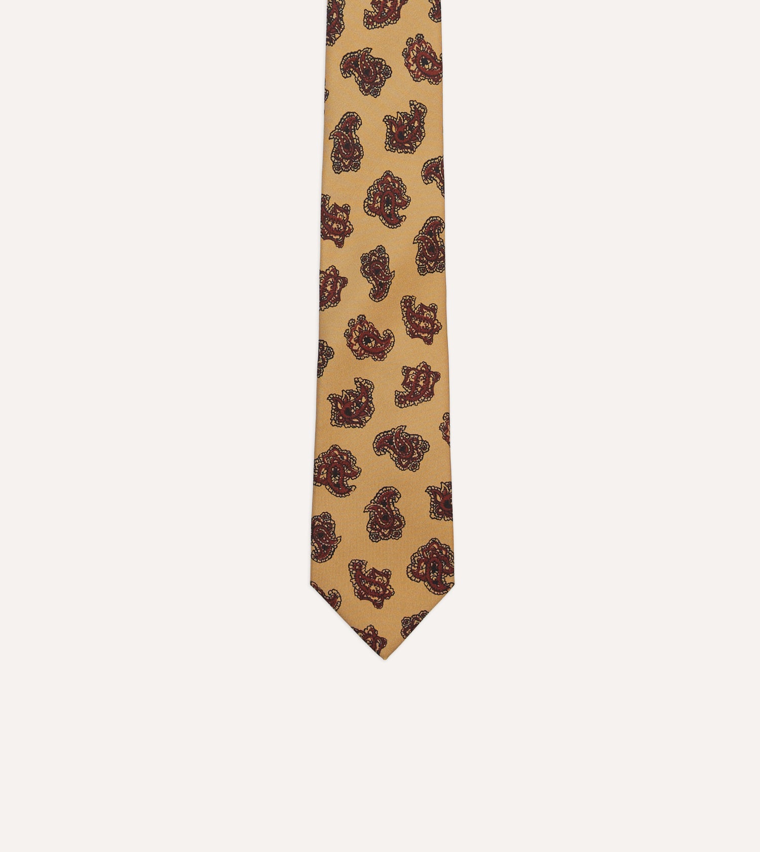 Gold and Red Paisley Motif Print Silk Self Tipped Tie