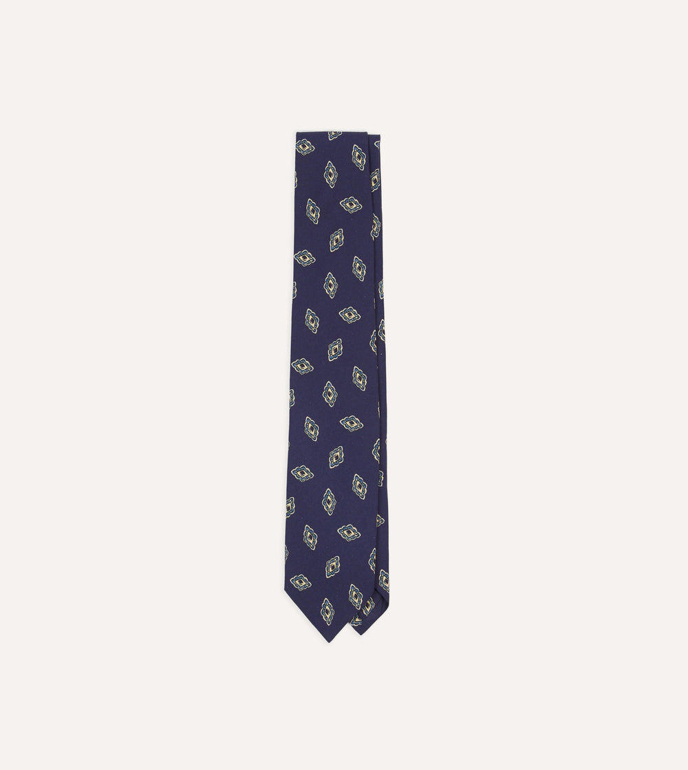 Navy Diamond Flower Print Silk Self-Tipped Tie