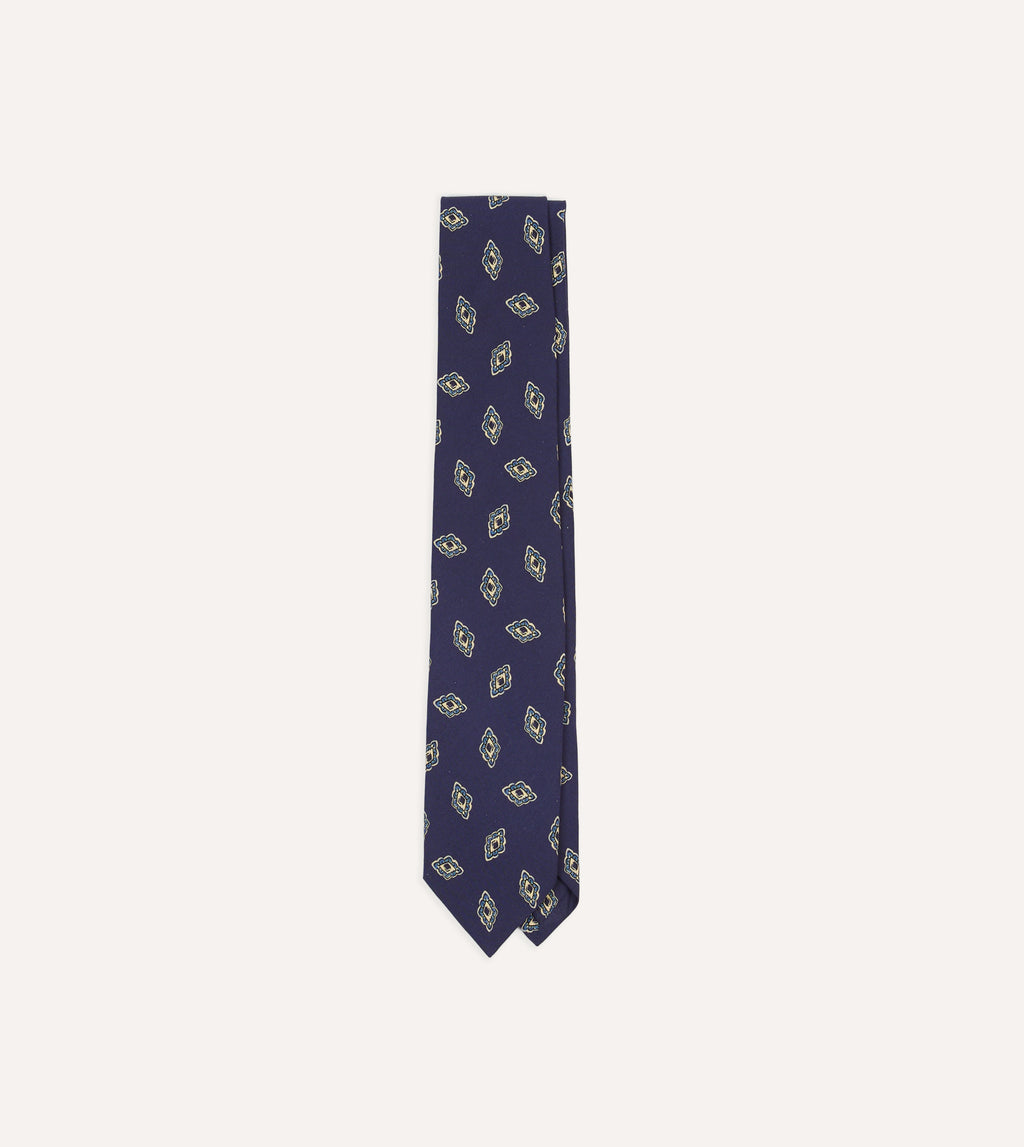Navy Diamond Flower Print Silk Self-Tipped Tie – Drakes US