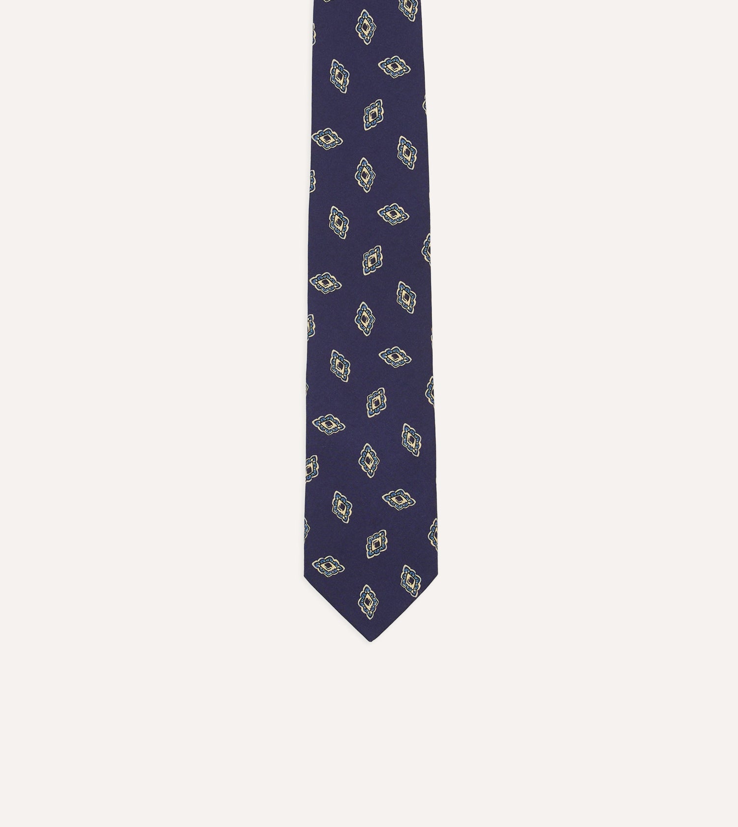 Navy Diamond Flower Print Silk Self-Tipped Tie