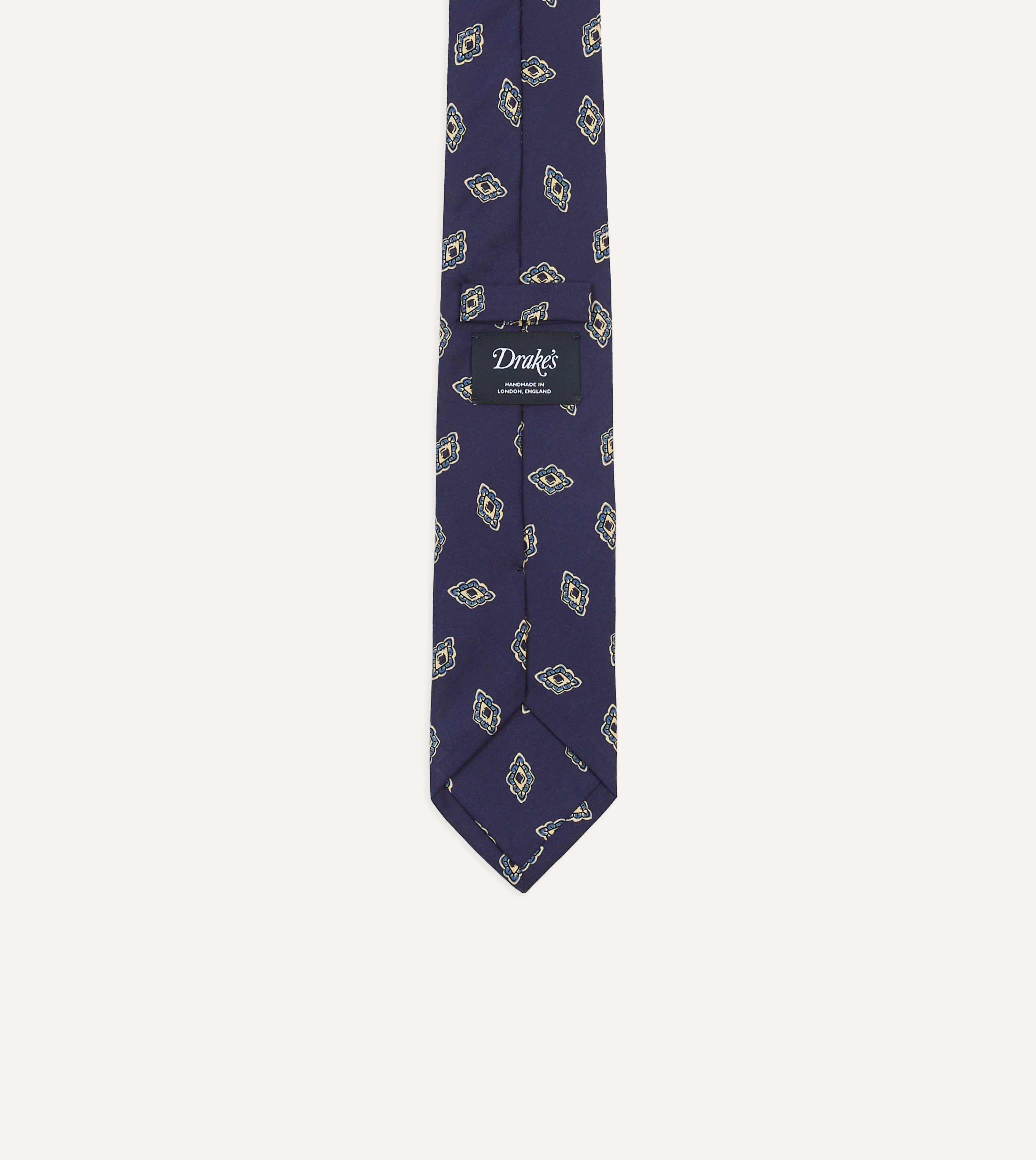Navy Diamond Flower Print Silk Self-Tipped Tie