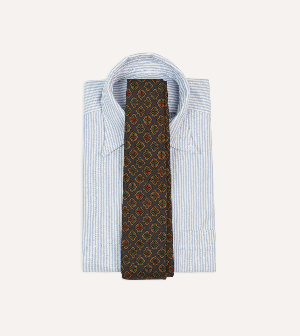Navy Square Flower Medallion Print Wool-Silk Self Tipped Tie