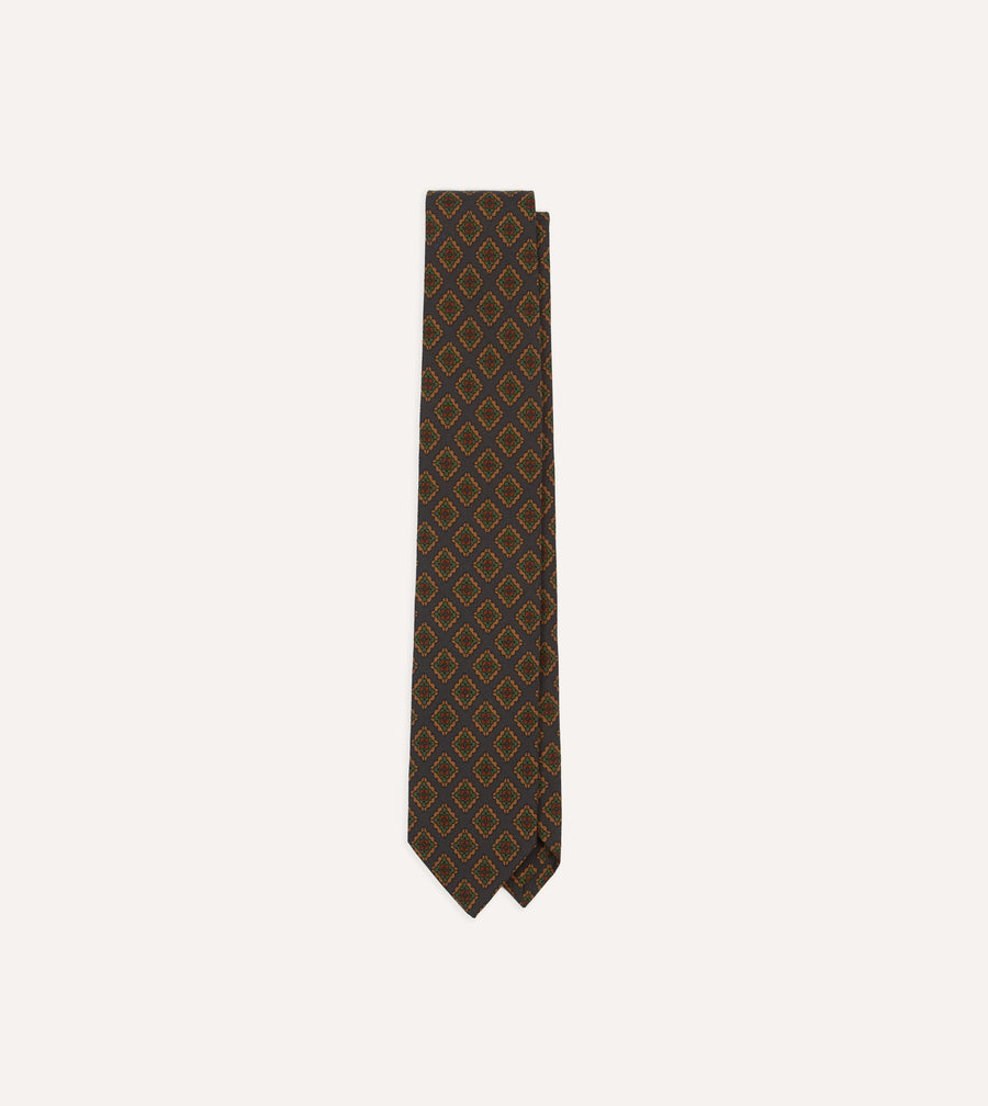 Navy Square Flower Medallion Print Wool-Silk Self Tipped Tie