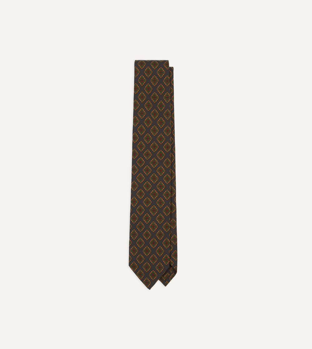 Navy Square Flower Medallion Print Wool-Silk Self Tipped Tie