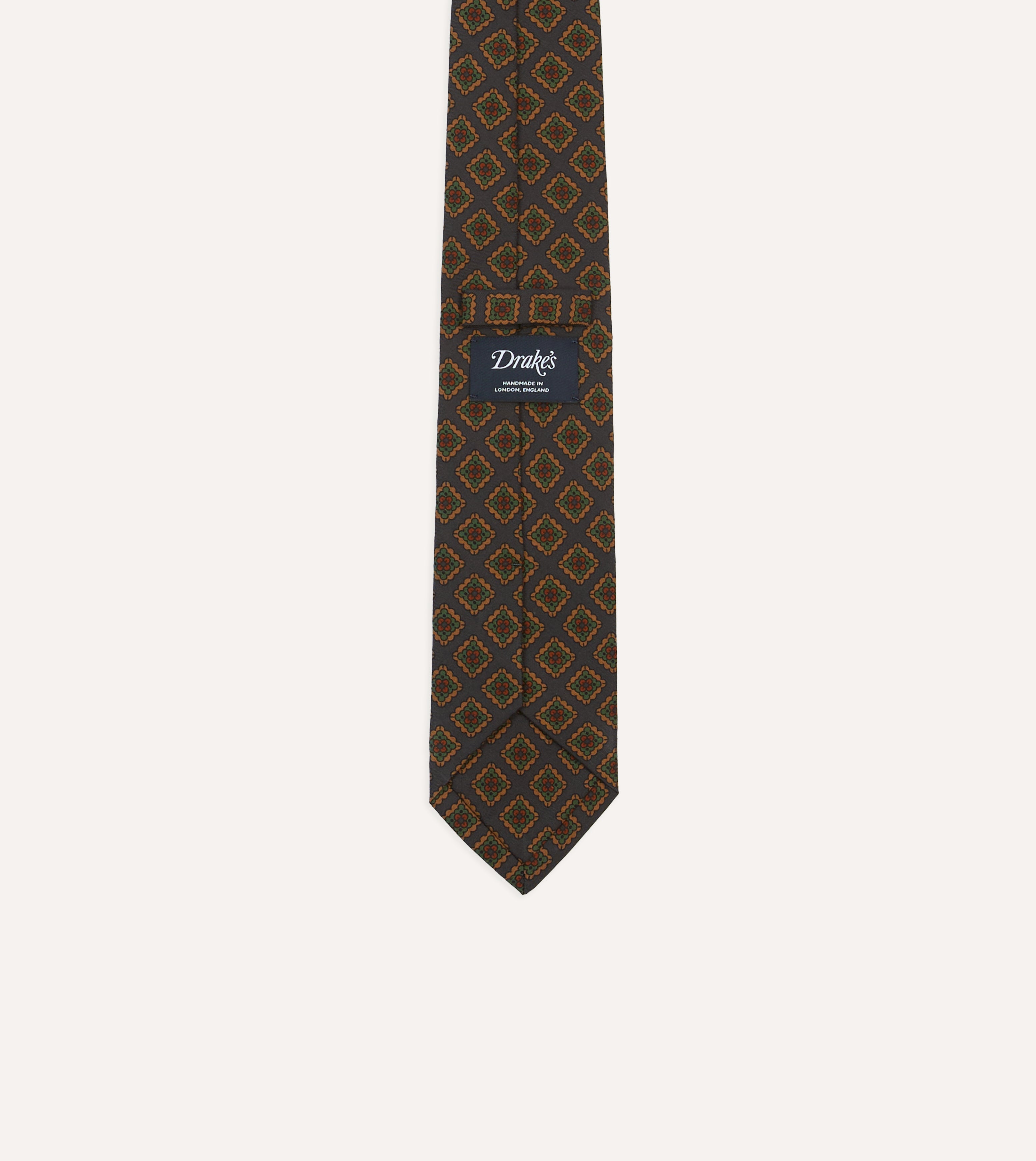 Navy Square Flower Medallion Print Wool-Silk Self Tipped Tie
