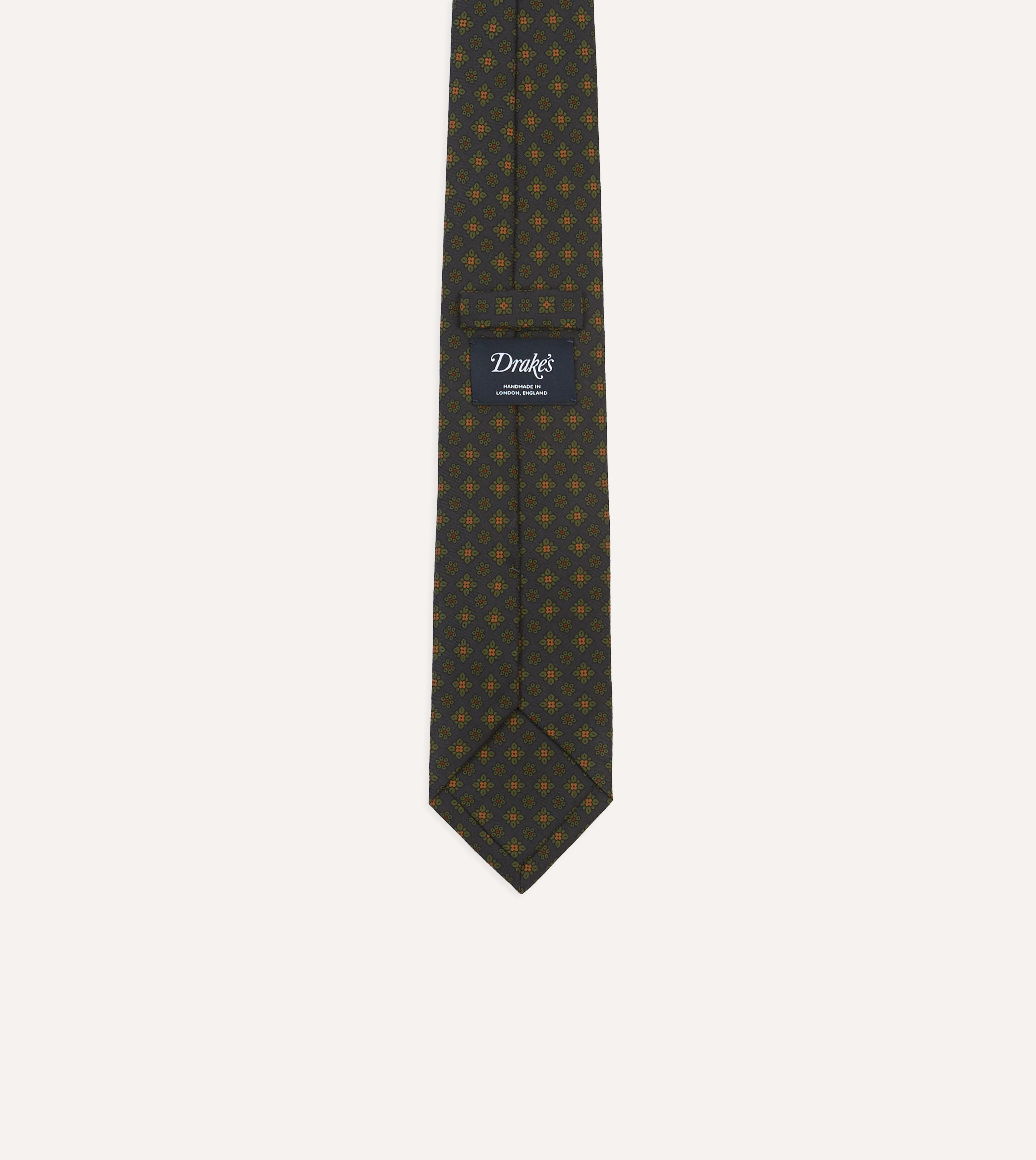 Navy Square Floral Medallion Print Wool-Silk Self Tipped Tie