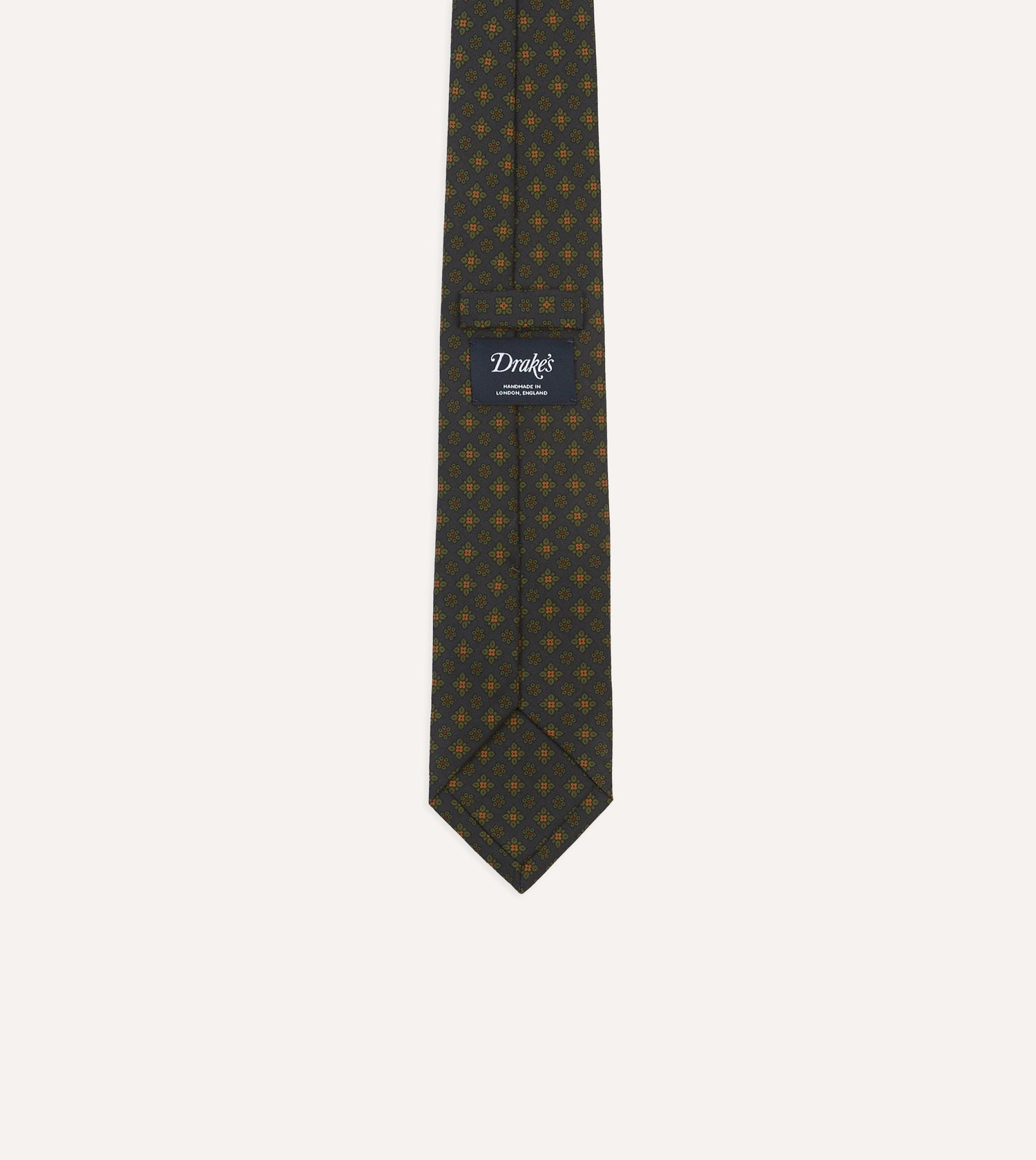 Navy Square Floral Medallion Print Wool-Silk Self Tipped Tie