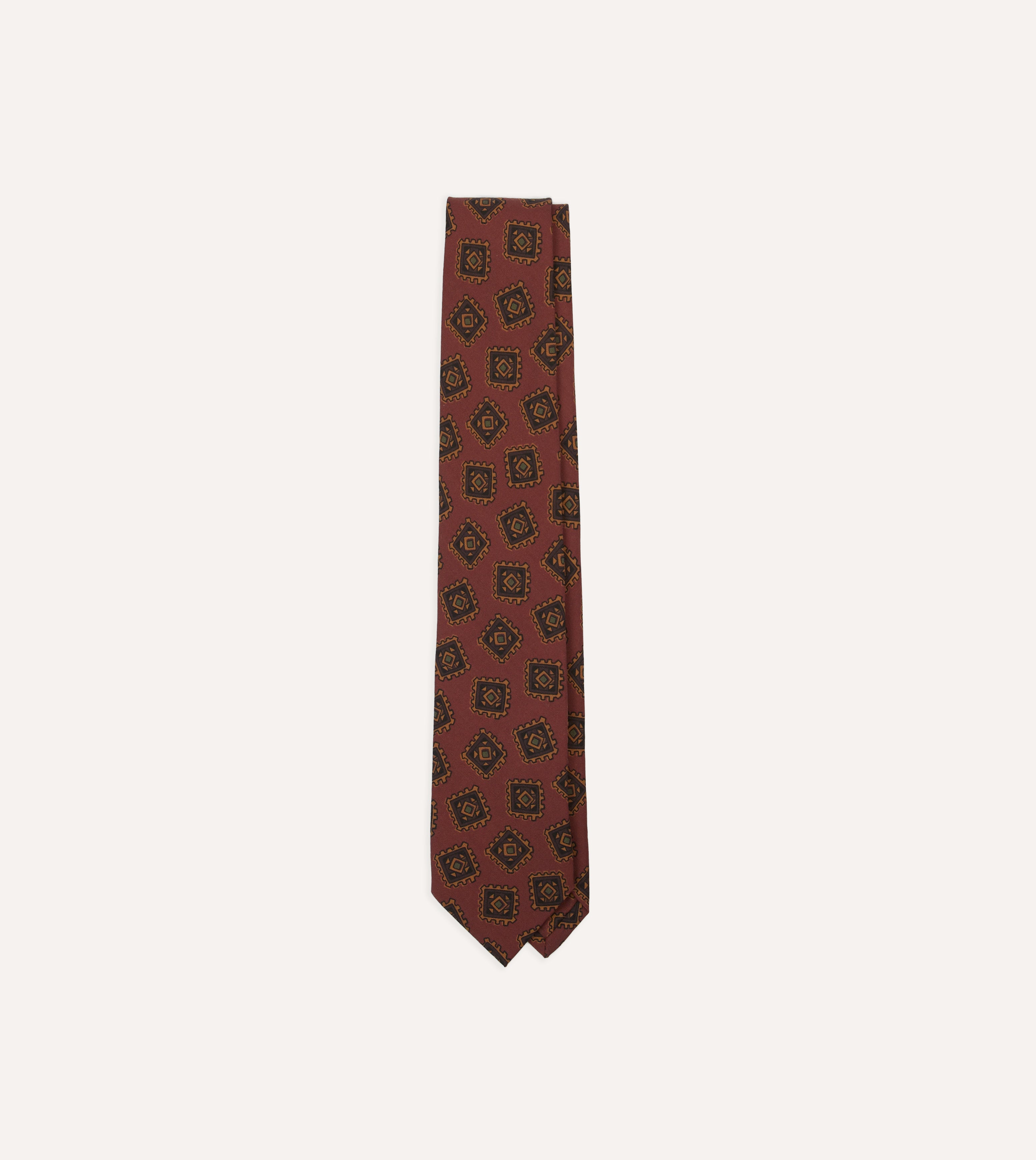 Brown Jumbled Tile Print Wool-Silk Self Tipped Tie