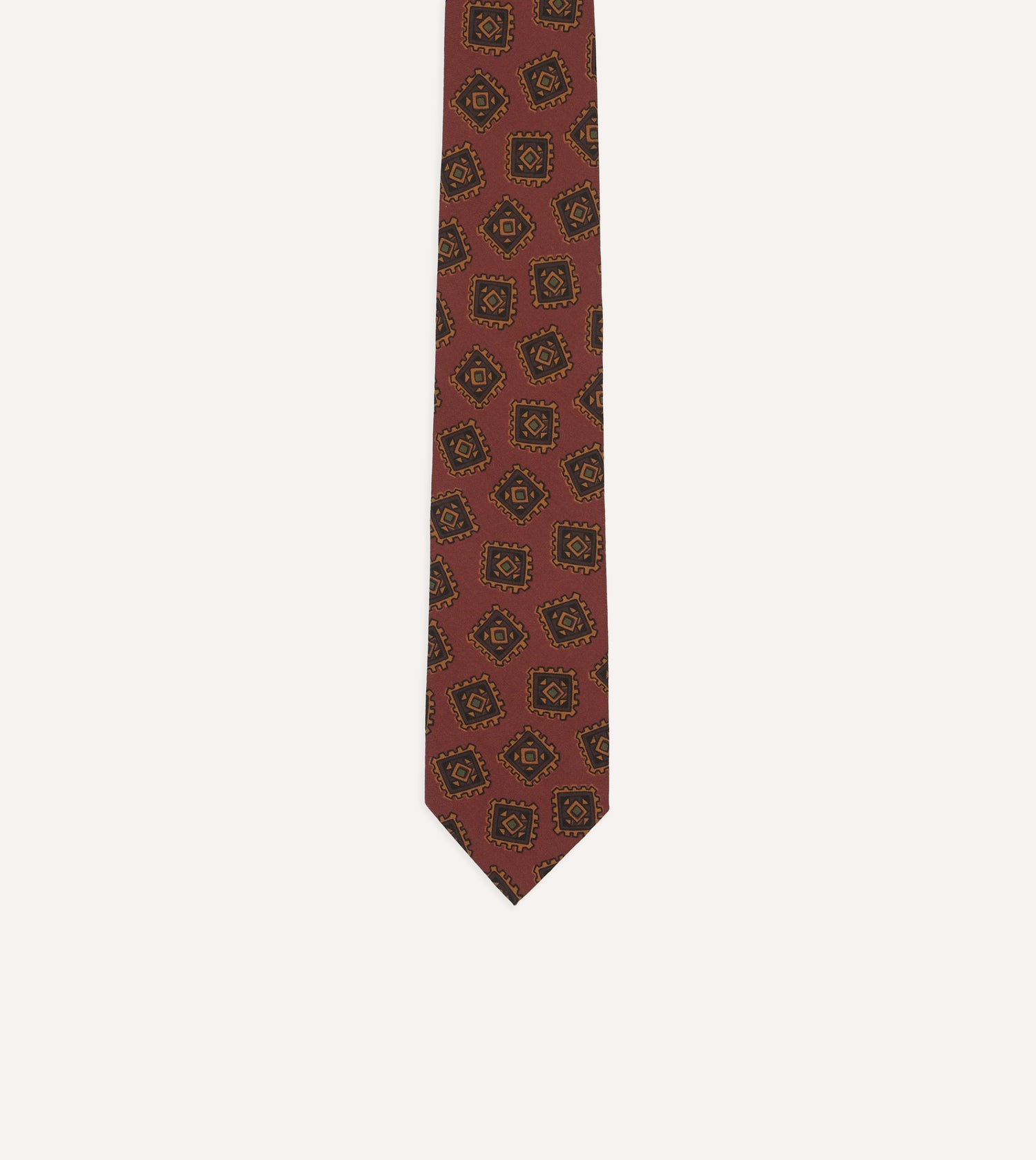 Brown Jumbled Tile Print Wool-Silk Self Tipped Tie
