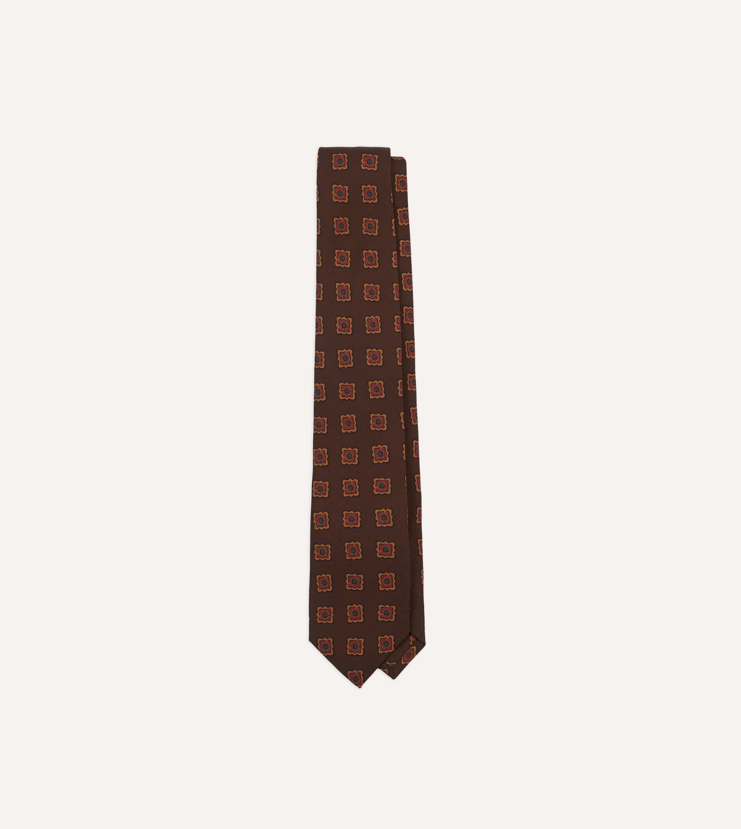 Brown Square Flower Medallion Print Wool-Silk Self Tipped Tie