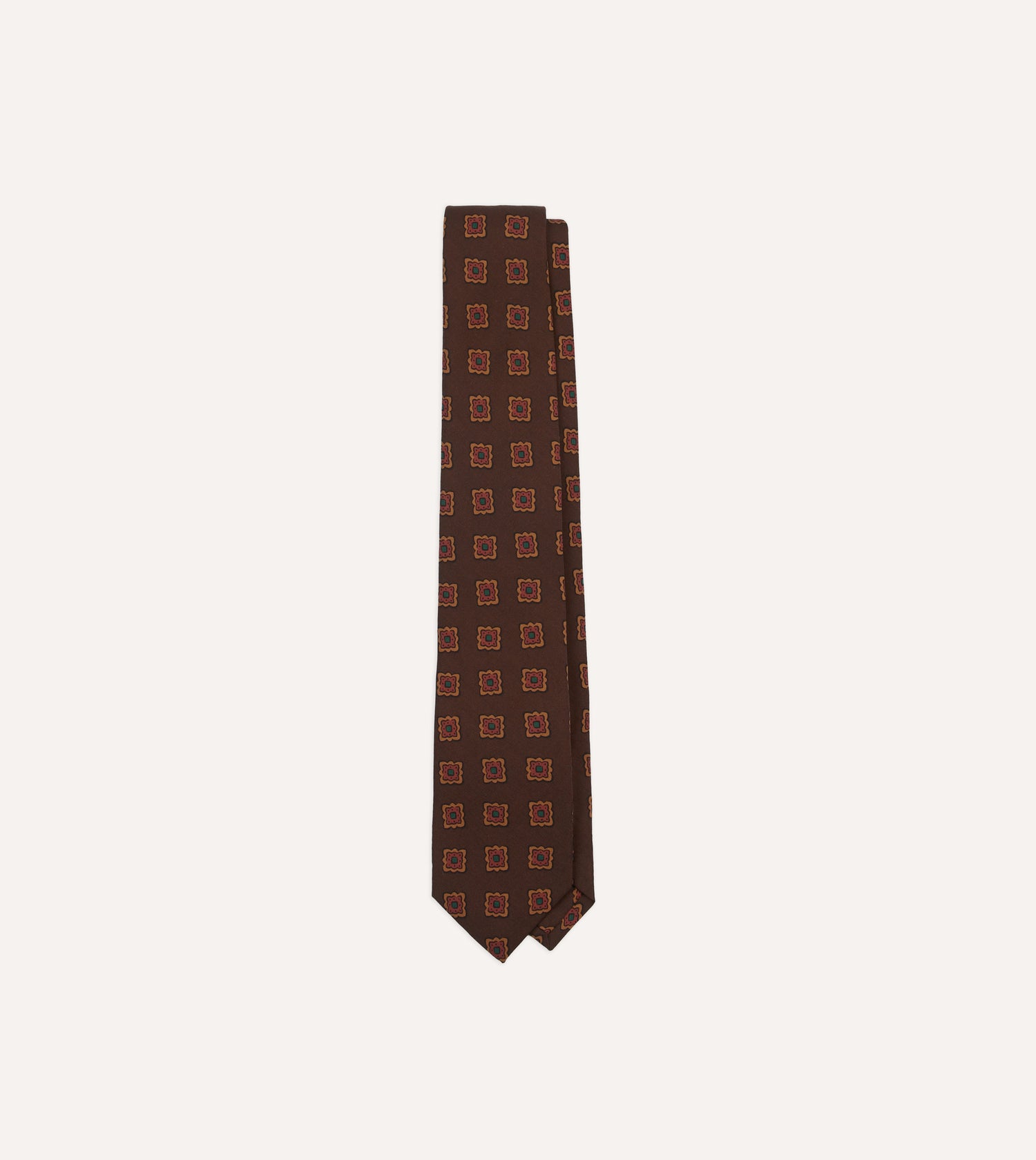 Brown Square Flower Medallion Print Wool-Silk Self Tipped Tie