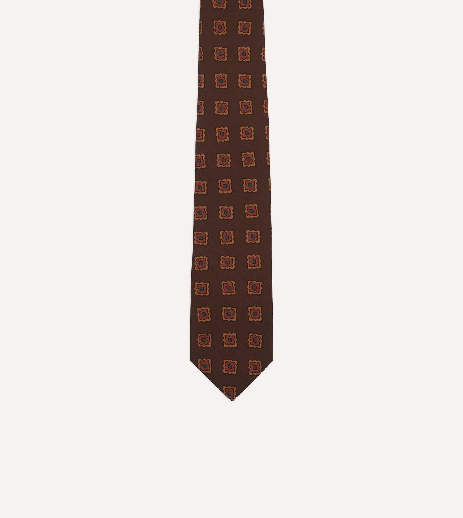 Brown Square Flower Medallion Print Wool-Silk Self Tipped Tie