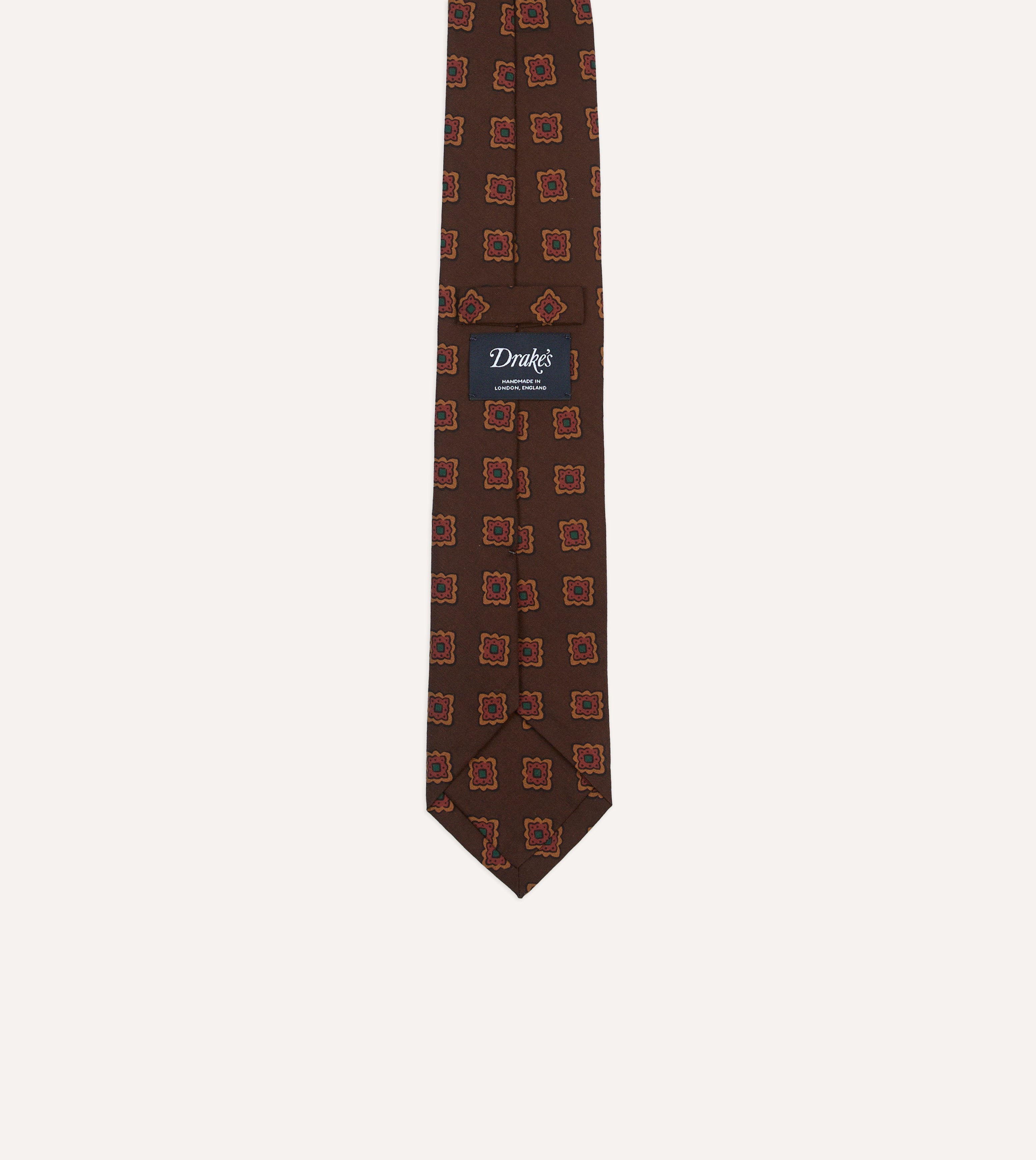 Brown Square Flower Medallion Print Wool-Silk Self Tipped Tie