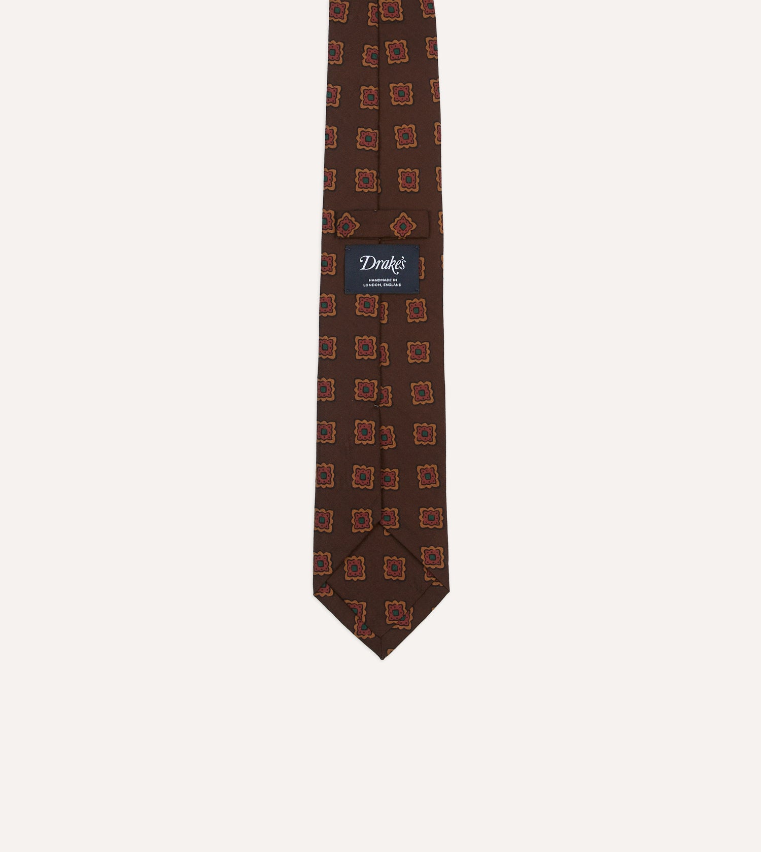Brown Square Flower Medallion Print Wool-Silk Self Tipped Tie