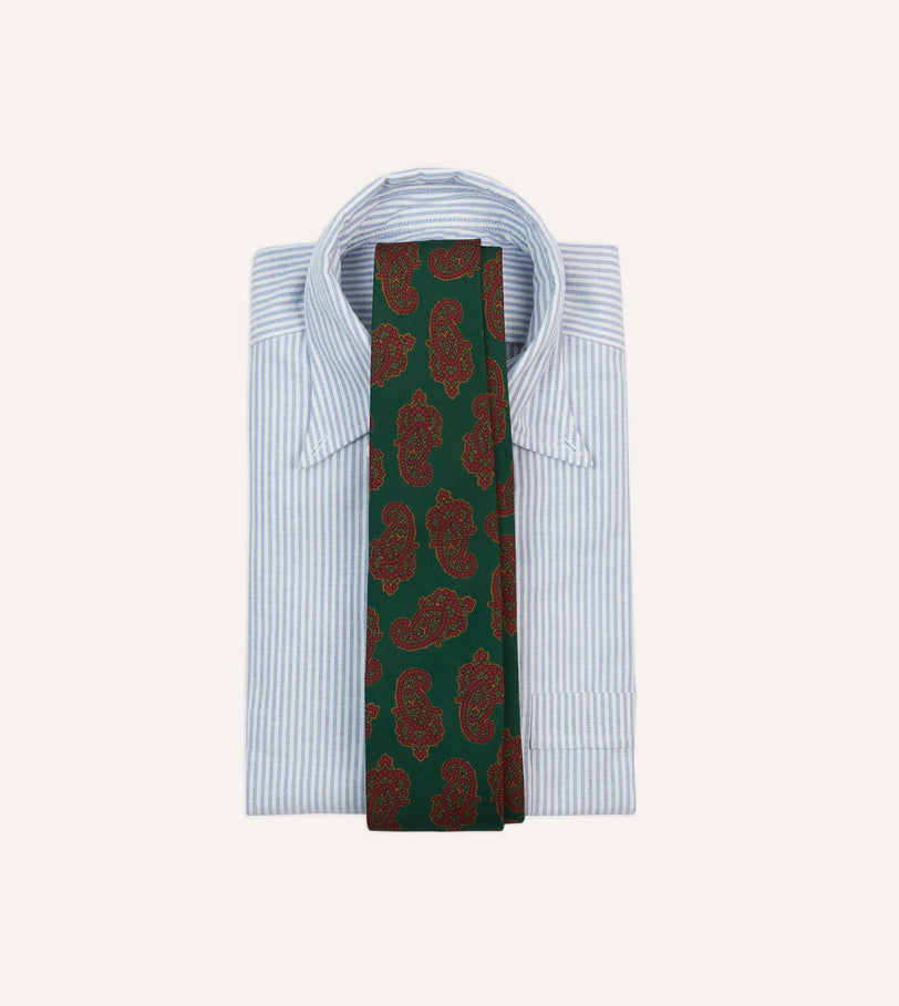 Green Paisley Motif Print Wool-Silk Self Tipped Tie
