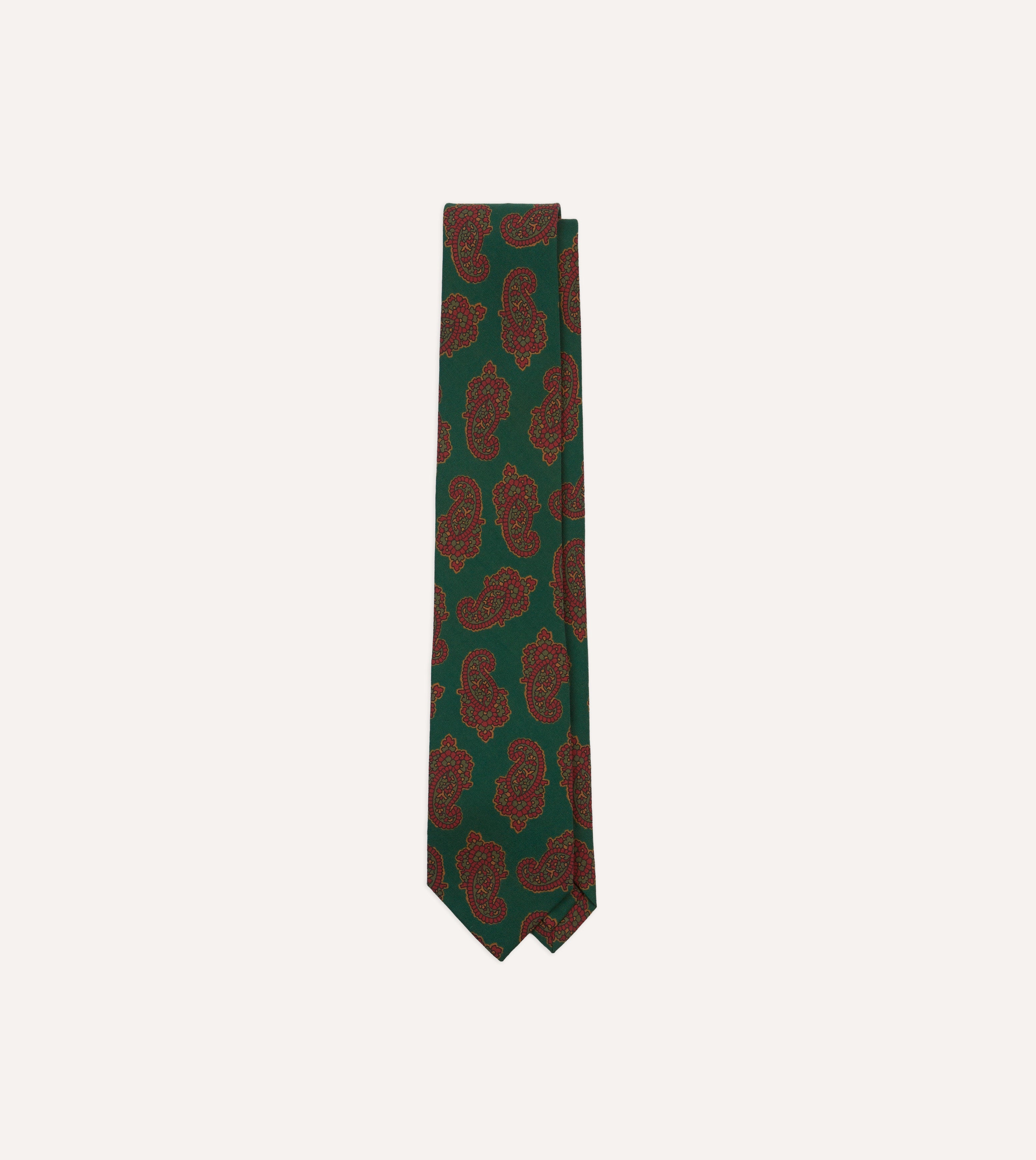 Green Paisley Motif Print Wool-Silk Self Tipped Tie
