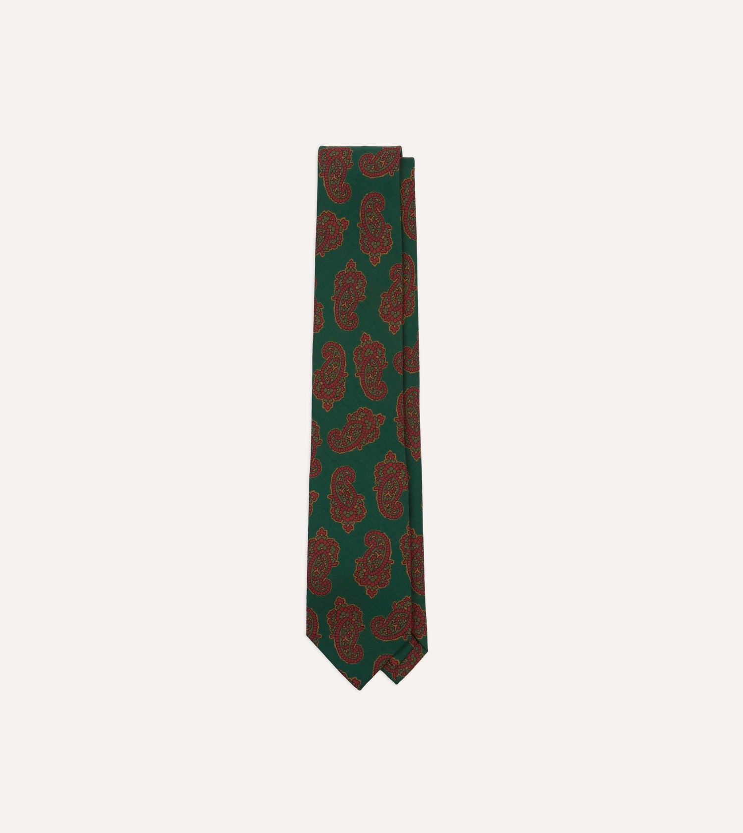 Green Paisley Motif Print Wool-Silk Self Tipped Tie