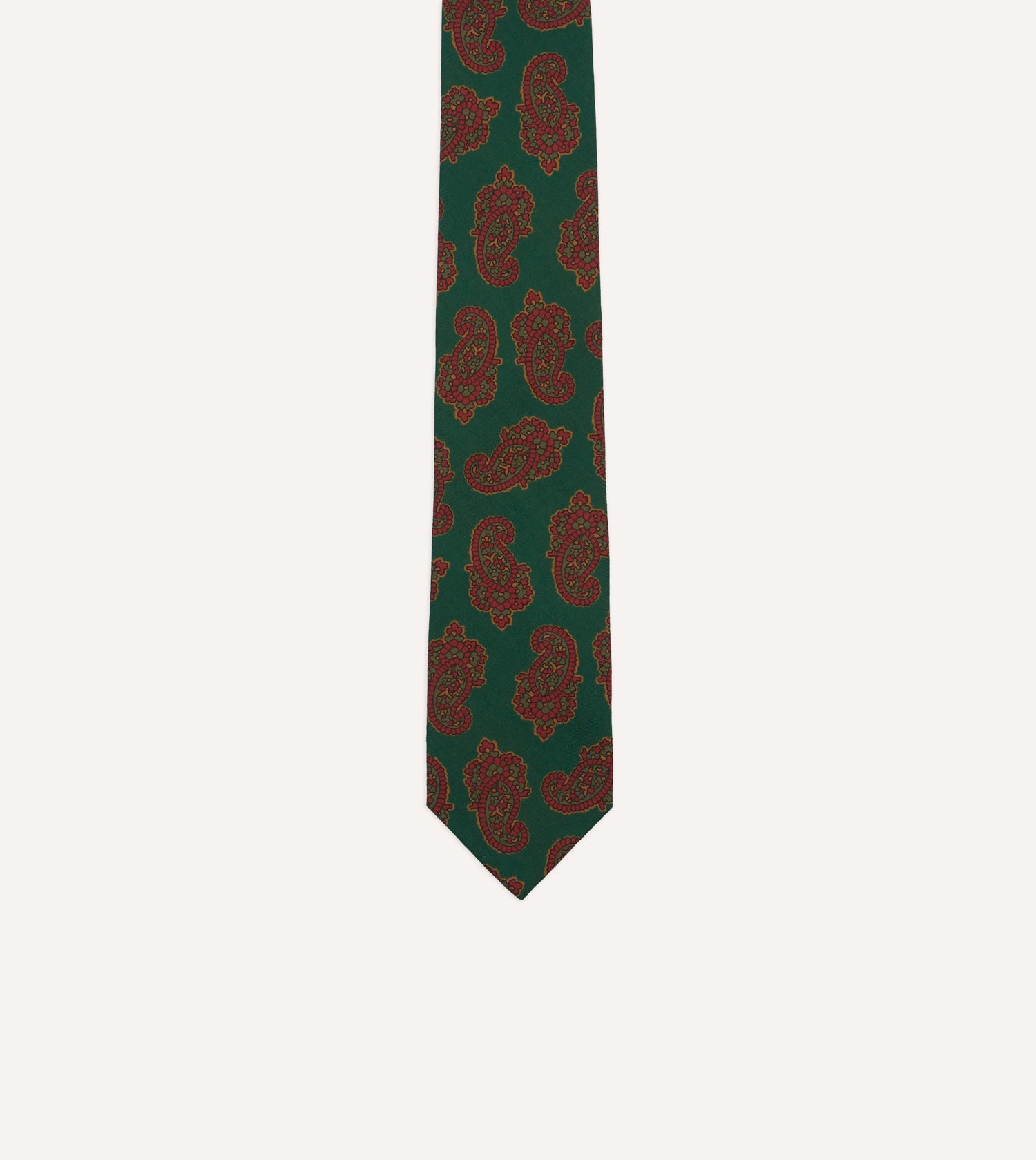 Green Paisley Motif Print Wool-Silk Self Tipped Tie