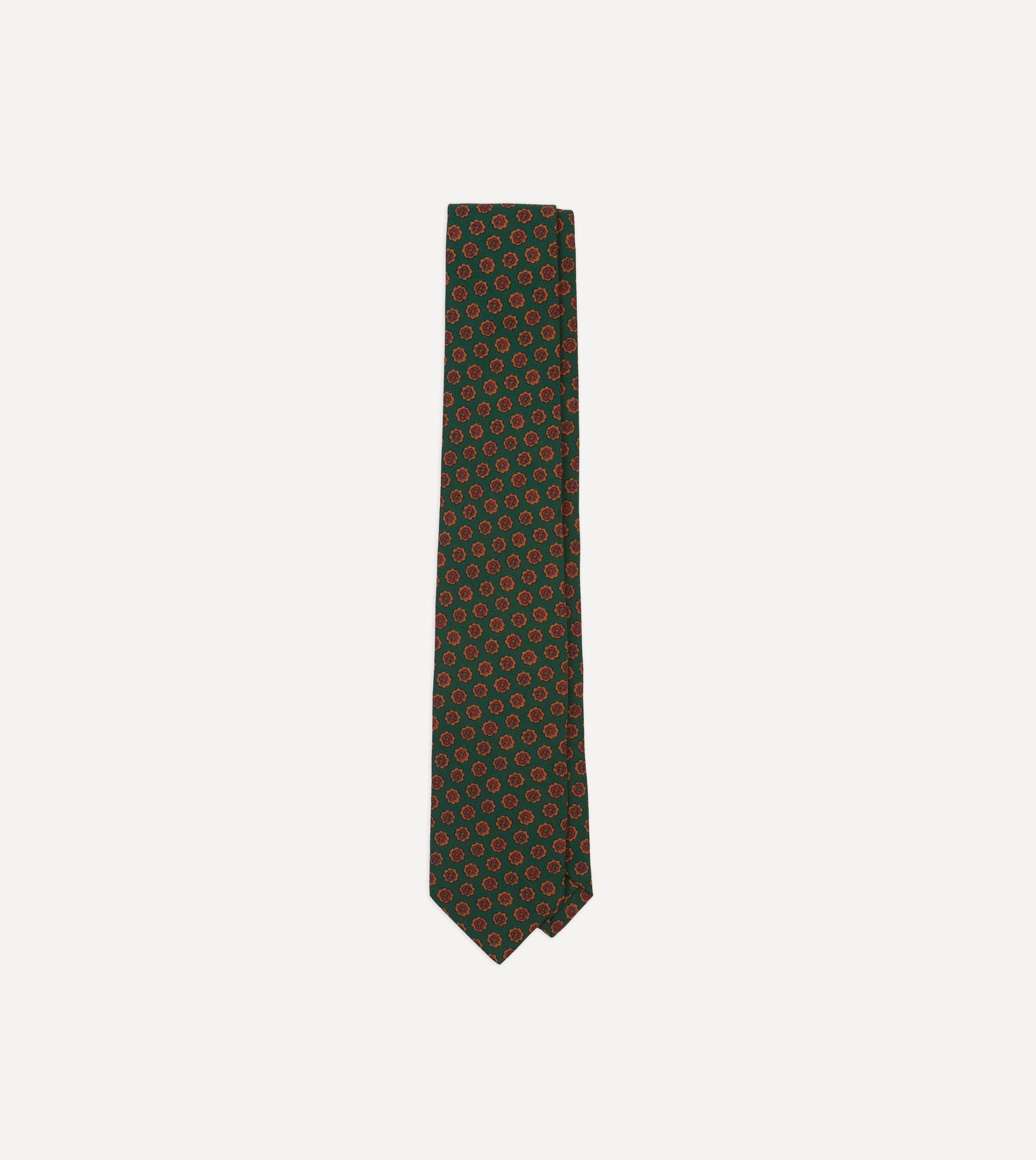 Green Floral Medallion Print Wool-Silk Self Tipped Tie