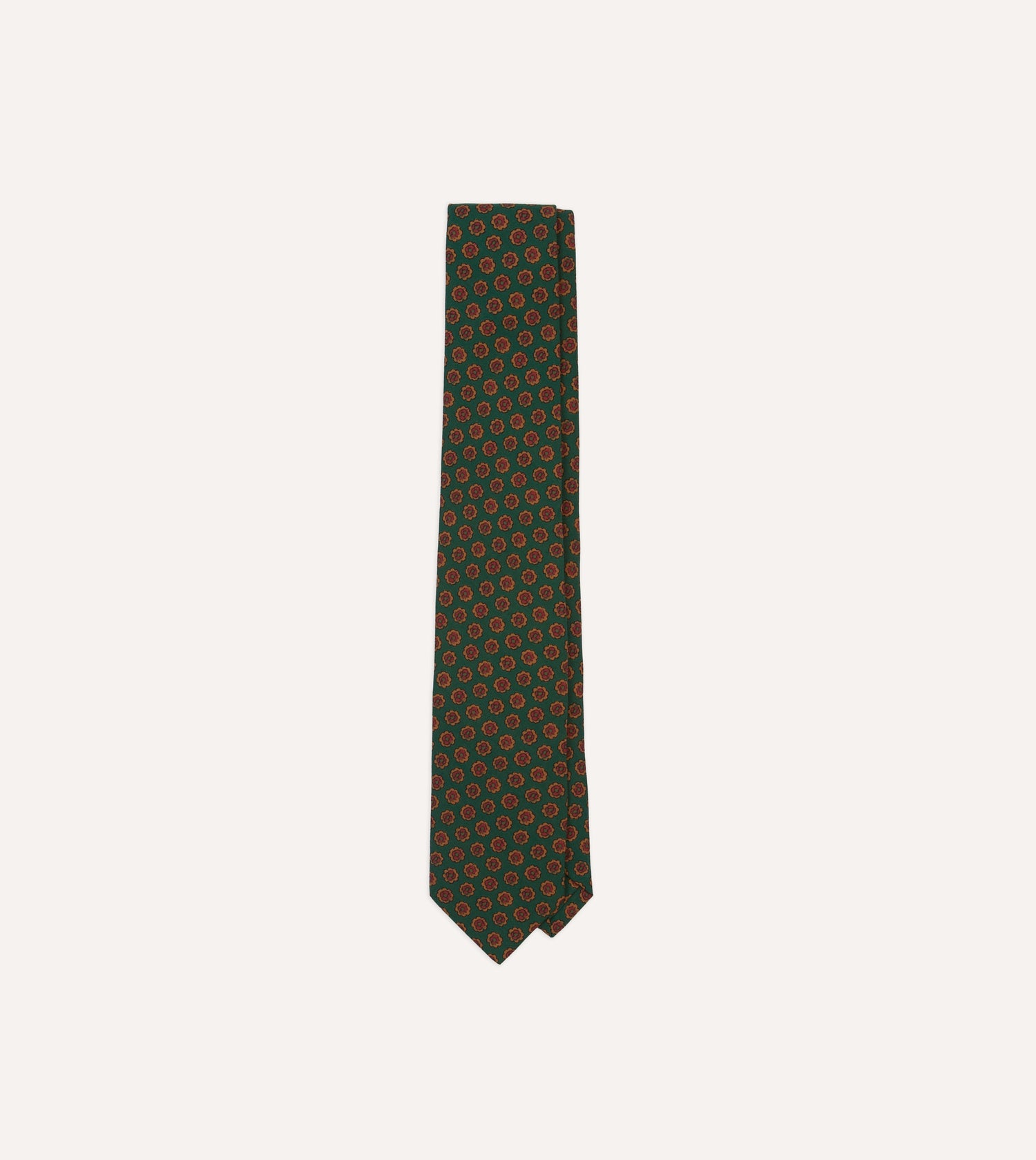 Green Floral Medallion Print Wool-Silk Self Tipped Tie