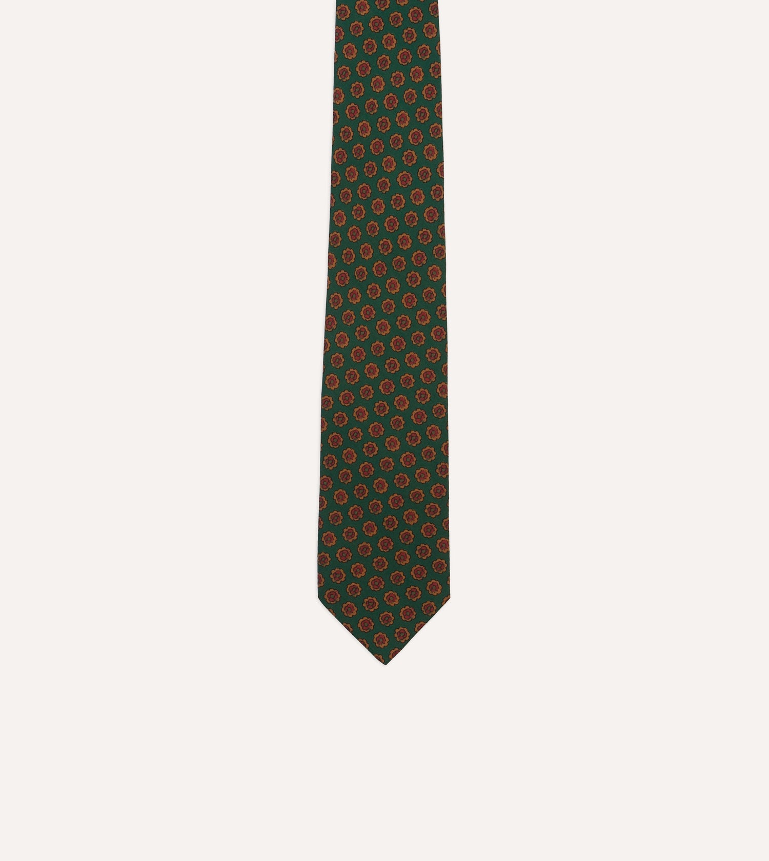 Green Floral Medallion Print Wool-Silk Self Tipped Tie