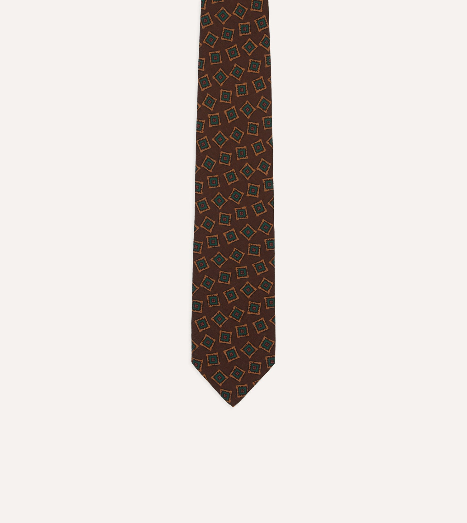 Brown and Green Jumbled Medallion Print Silk Self-Tipped Tie