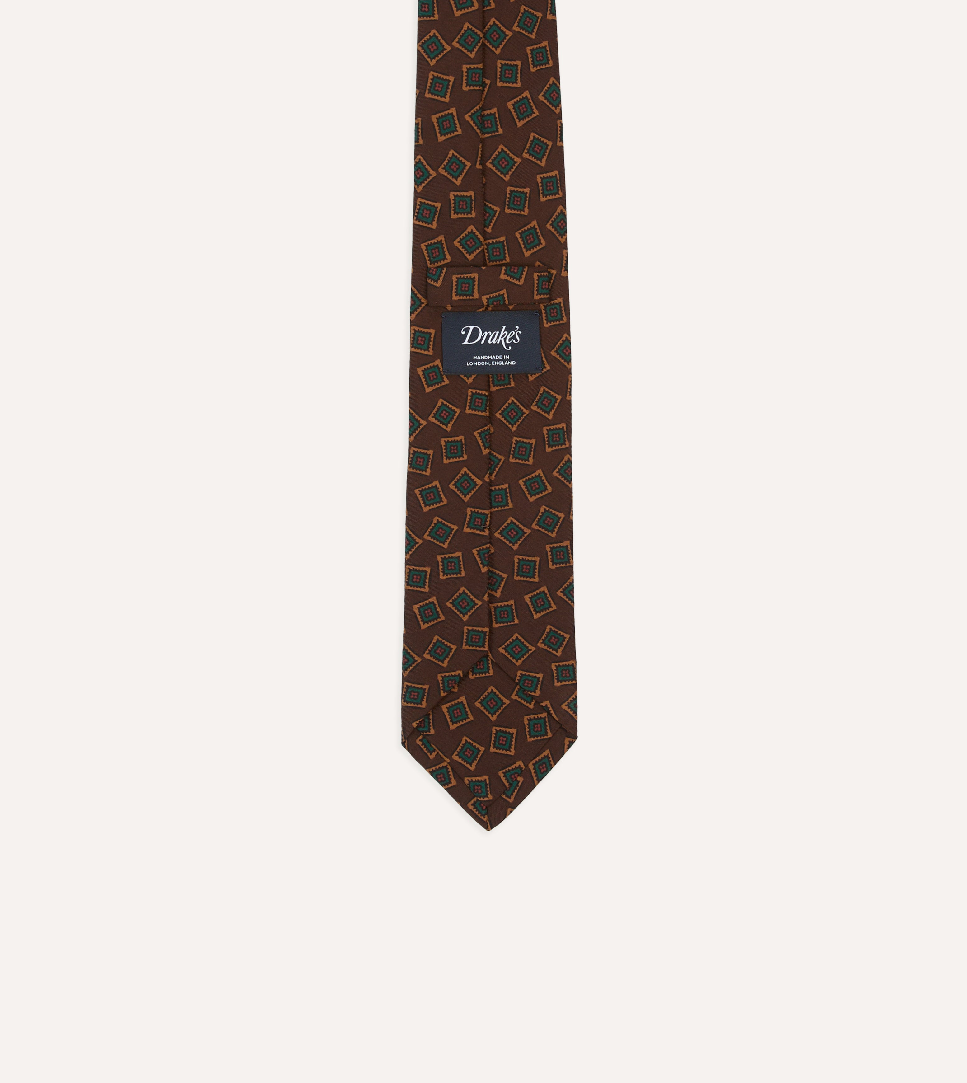 Brown and Green Jumbled Medallion Print Silk Self-Tipped Tie