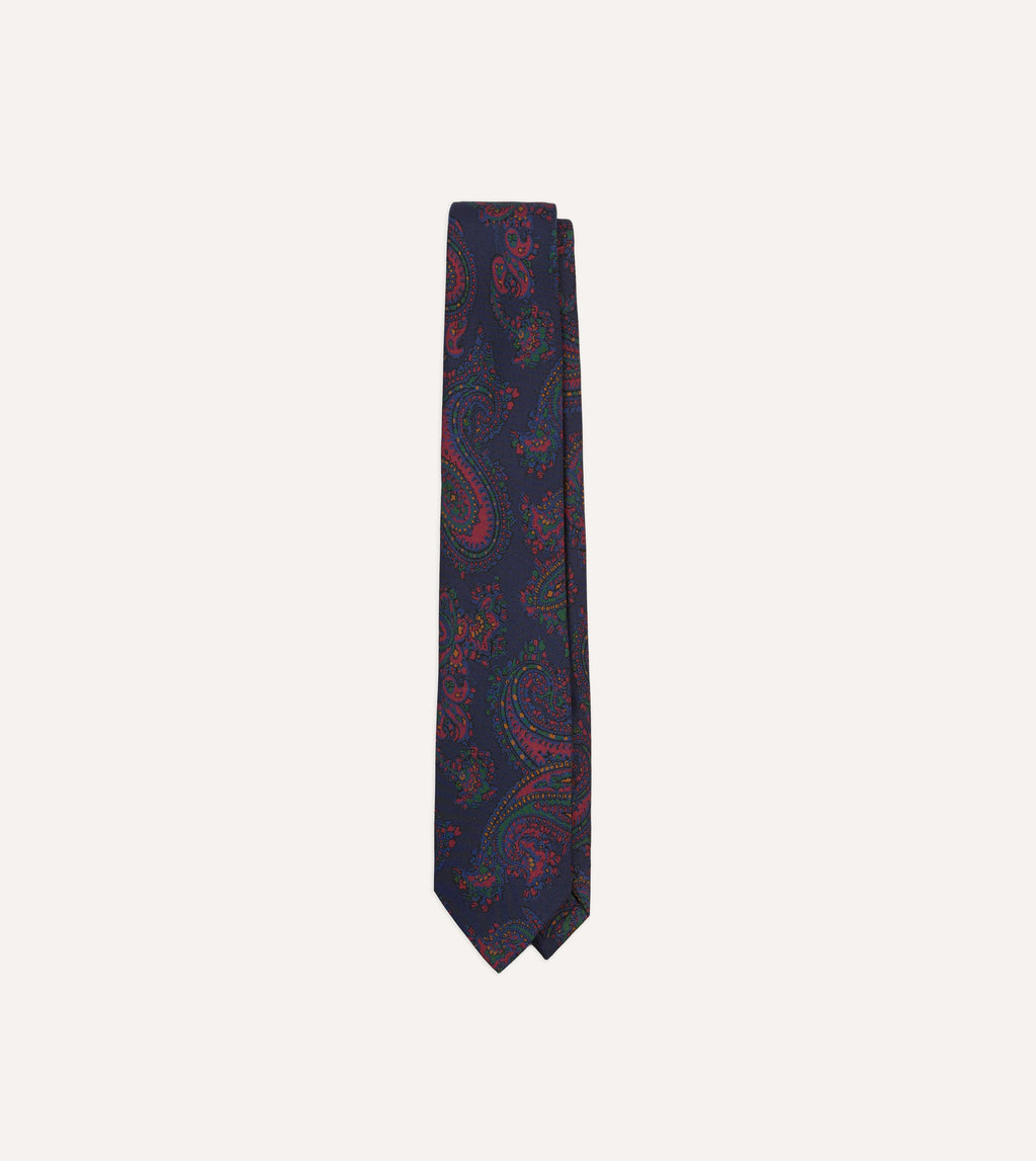 Navy Big Paisley Print Madder Silk Self-Tipped Tie – Drakes US