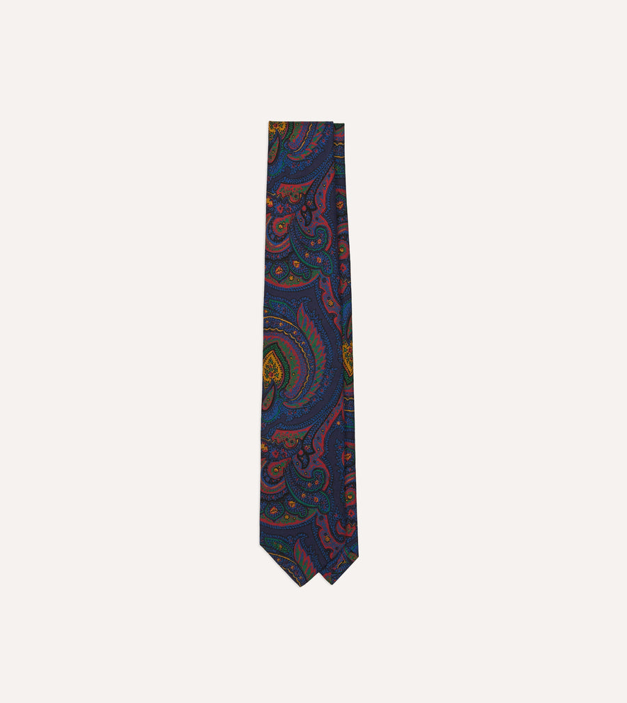 Navy Paisley Print Madder Silk Self-Tipped Tie