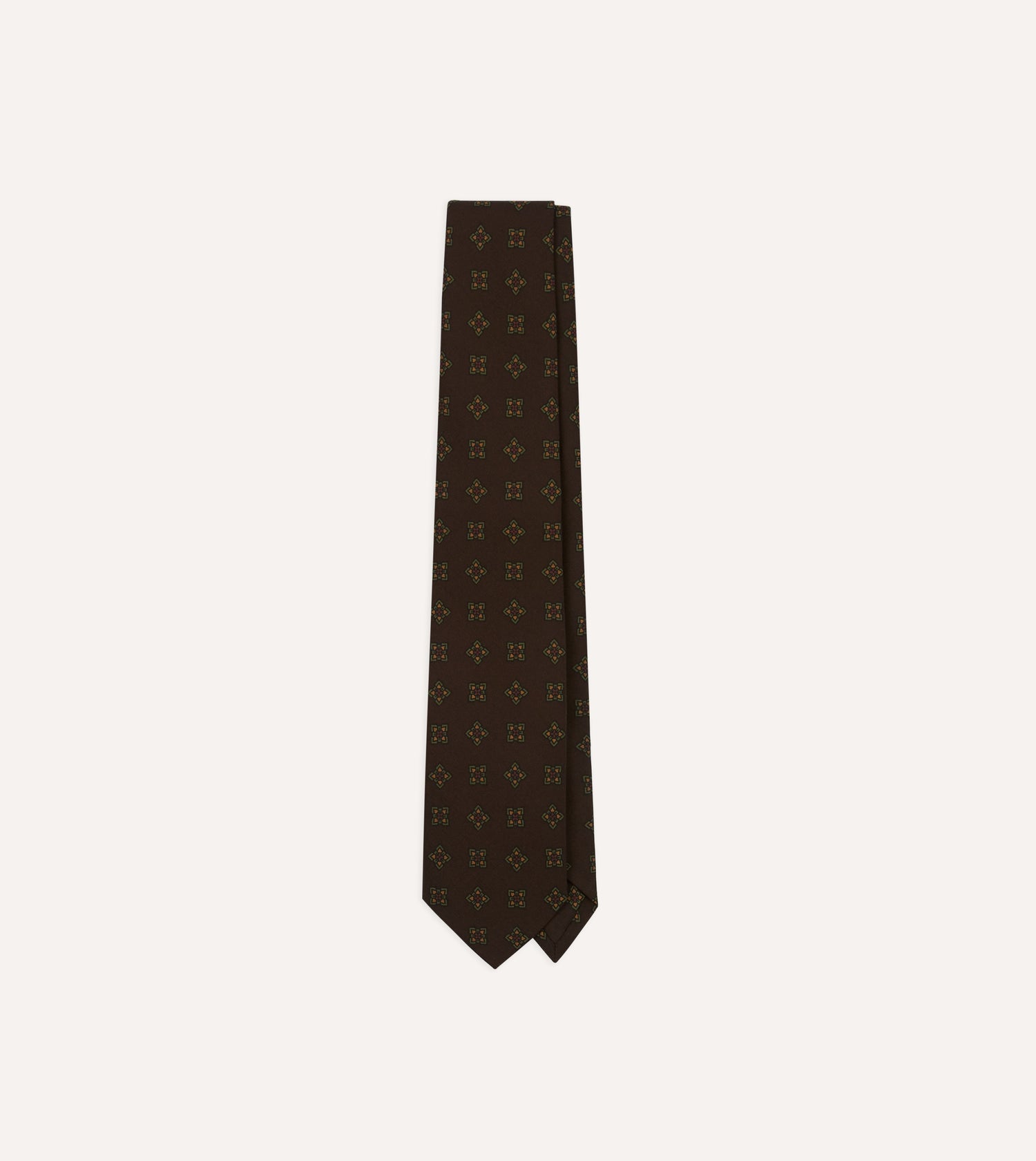 Brown Flower Medallion Print Wool-Silk Self Tipped Tie