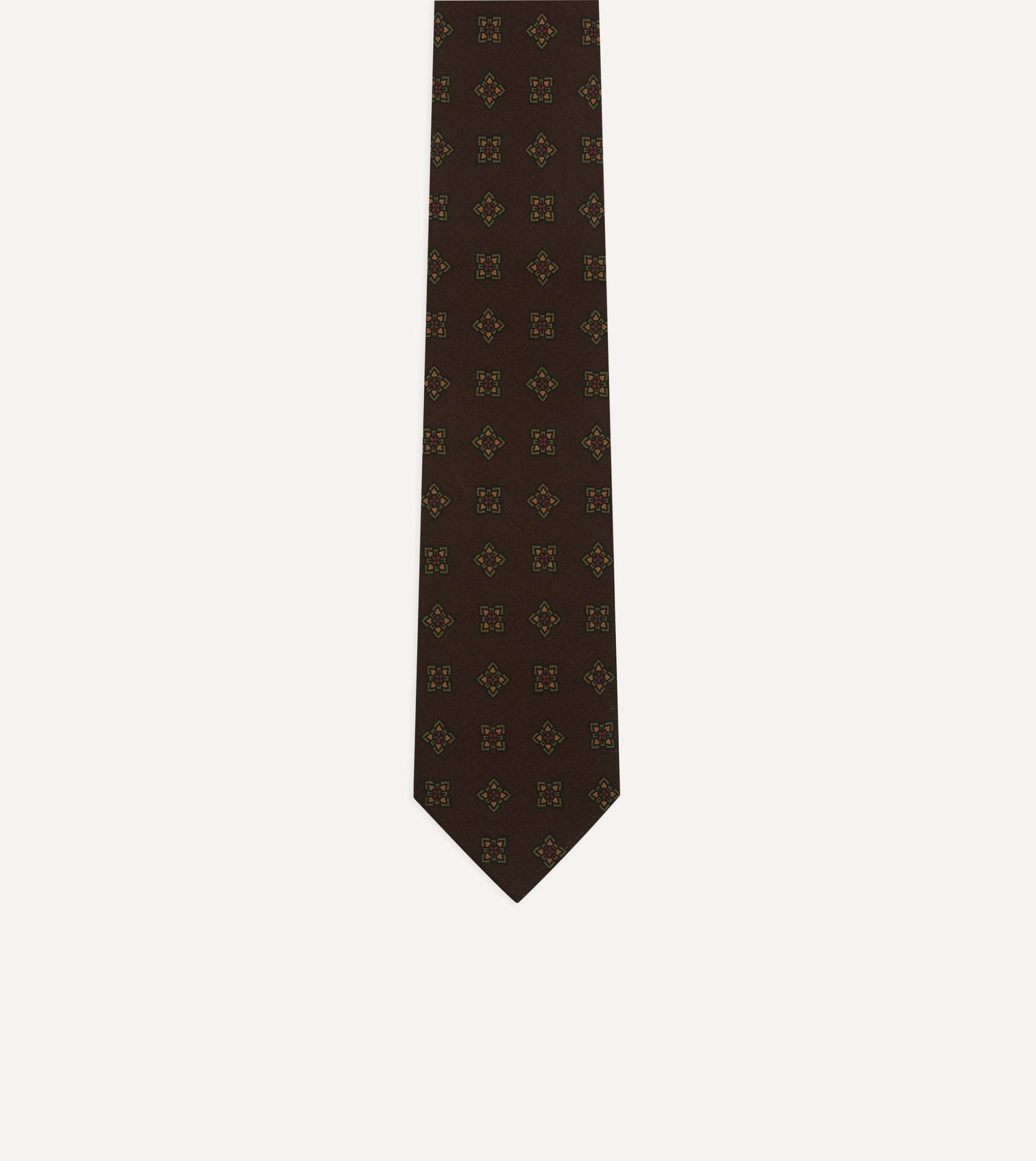 Brown Flower Medallion Print Wool-Silk Self Tipped Tie