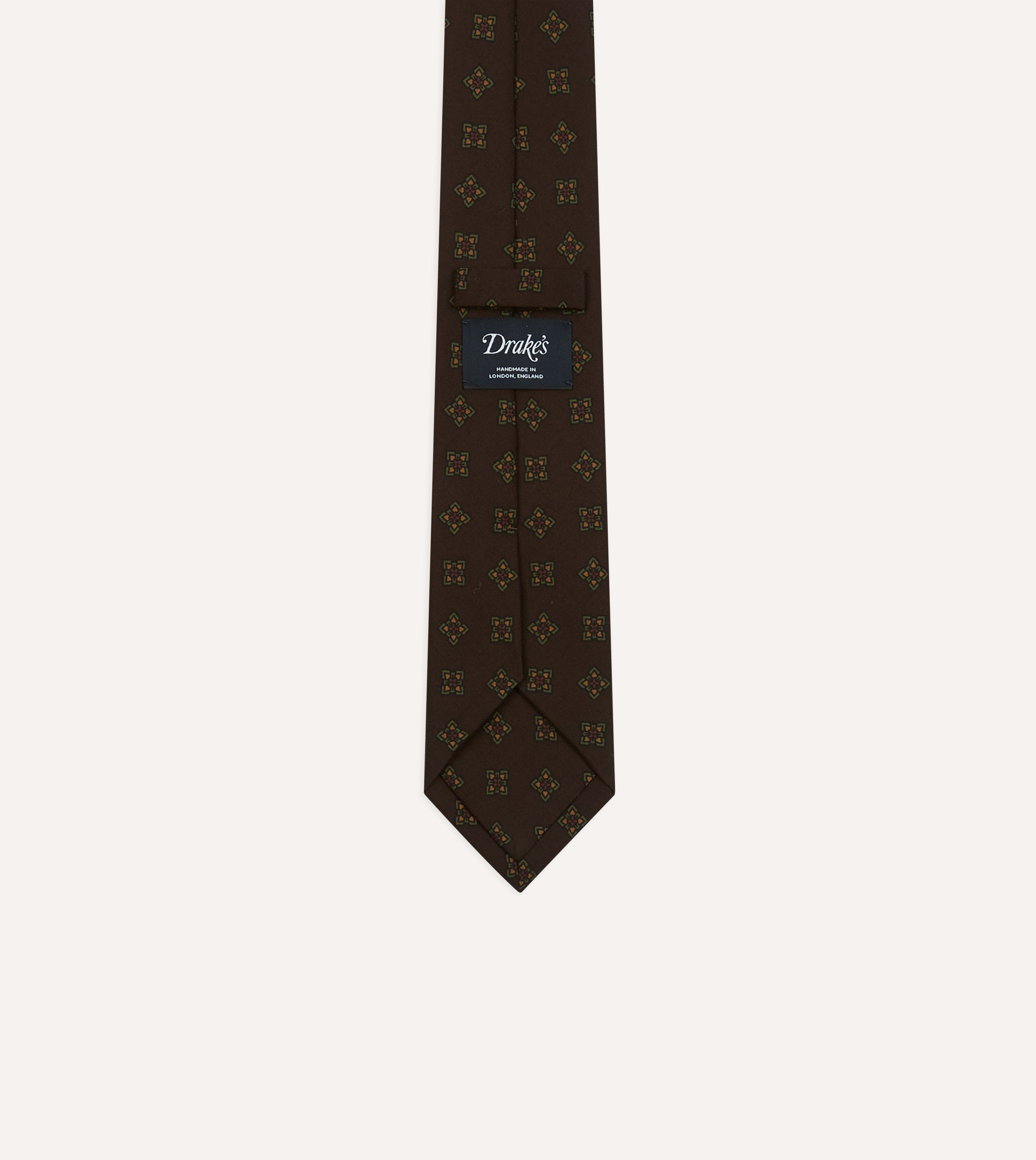 Brown Flower Medallion Print Wool-Silk Self Tipped Tie