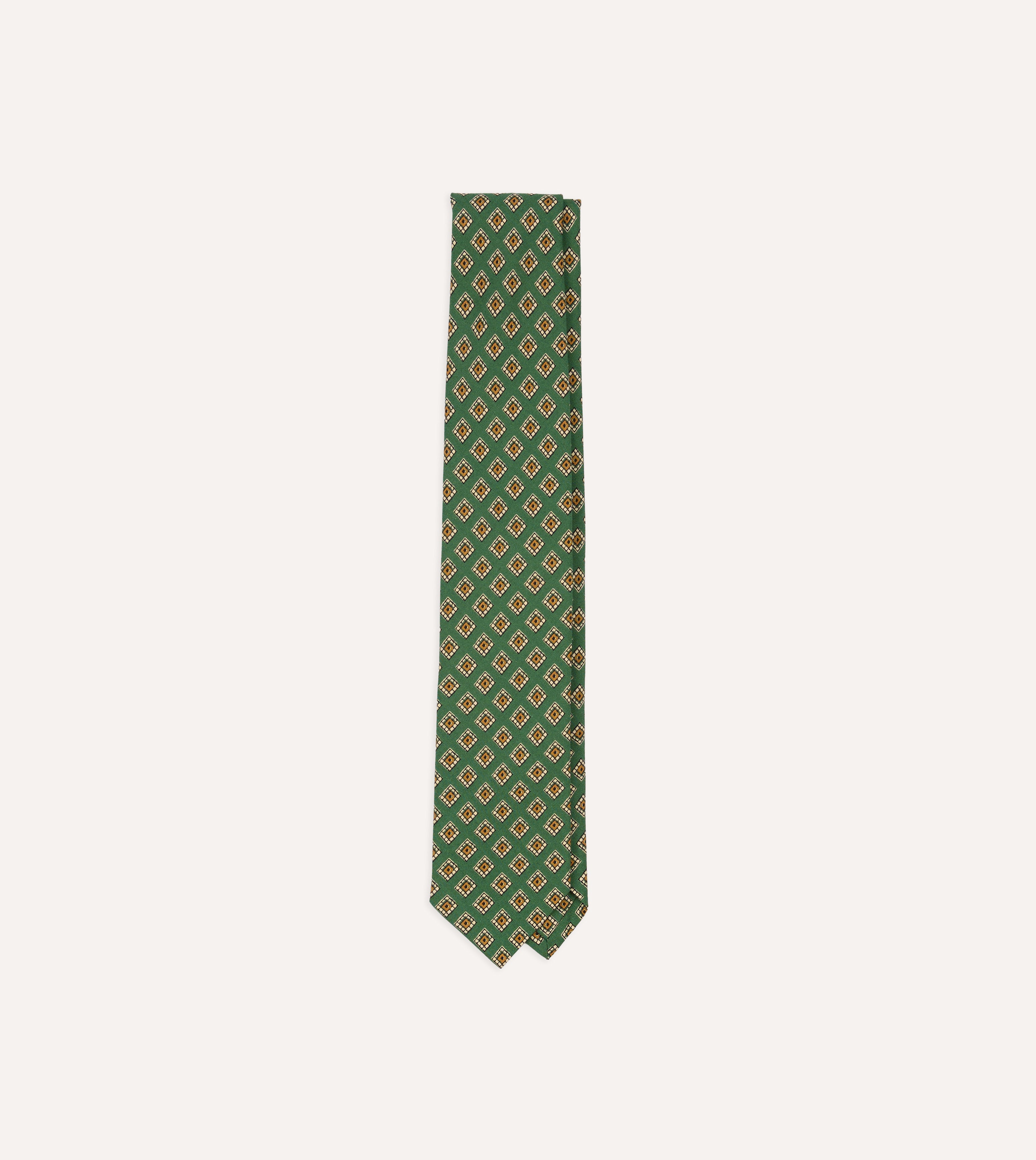 Green Tile Medallion Print Silk Self Tipped Tie