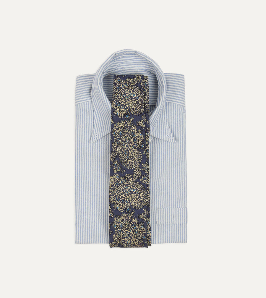 Blue Floral Paisley Print Silk Self Tipped Tie