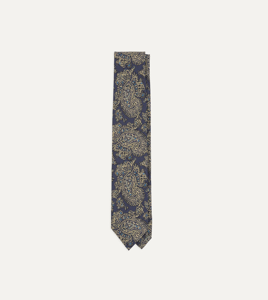 Blue Floral Paisley Print Silk Self Tipped Tie