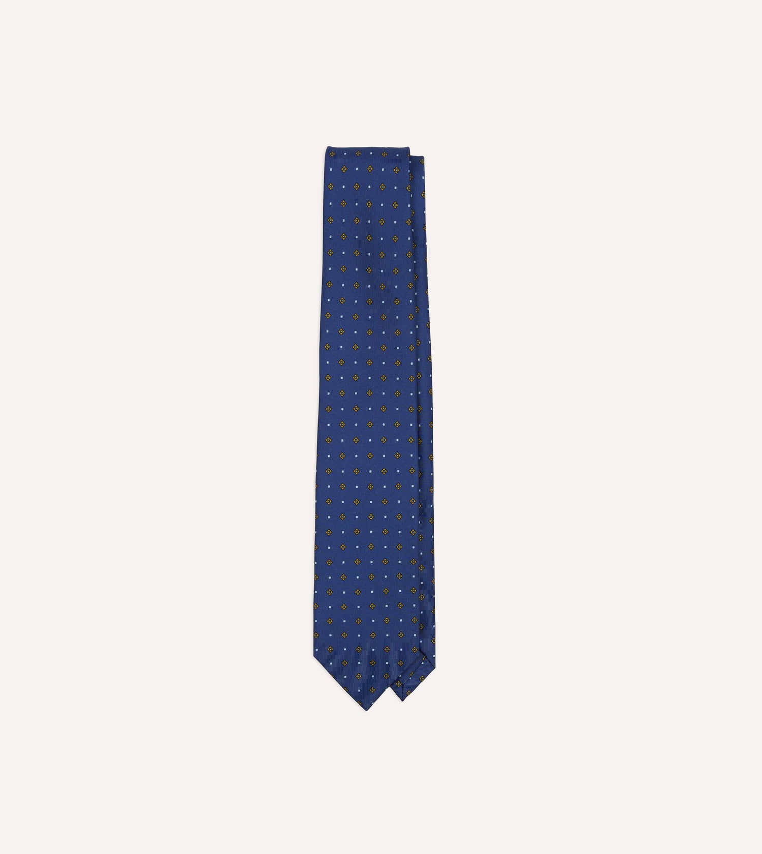 Blue Square Flowers Print Silk Self Tipped Tie