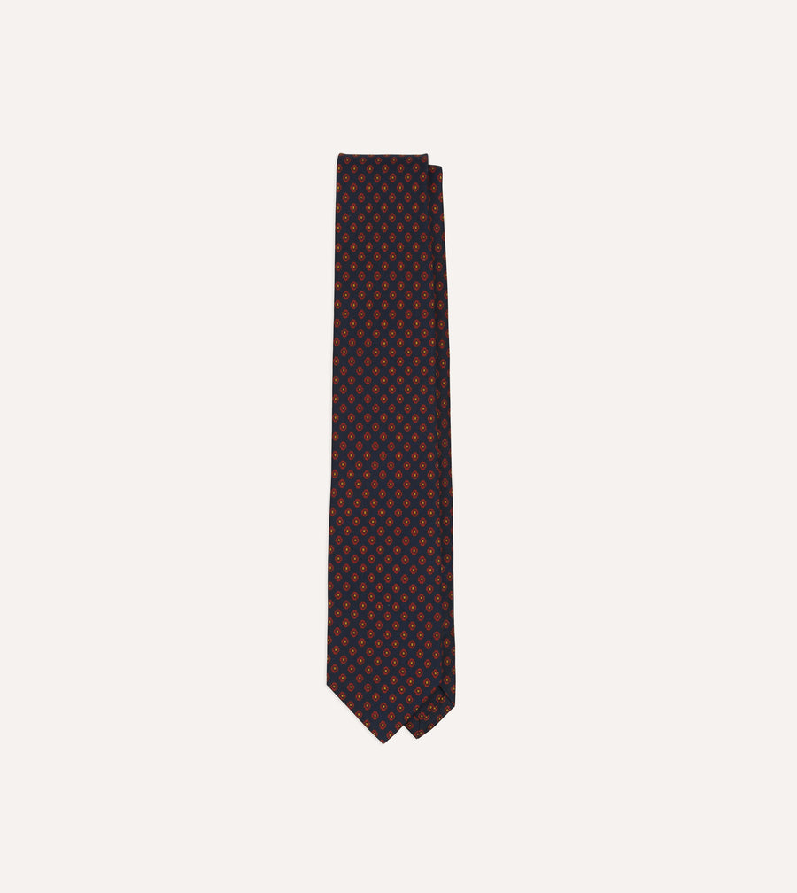 Navy Square Flower Print Silk Self-Tipped Tie