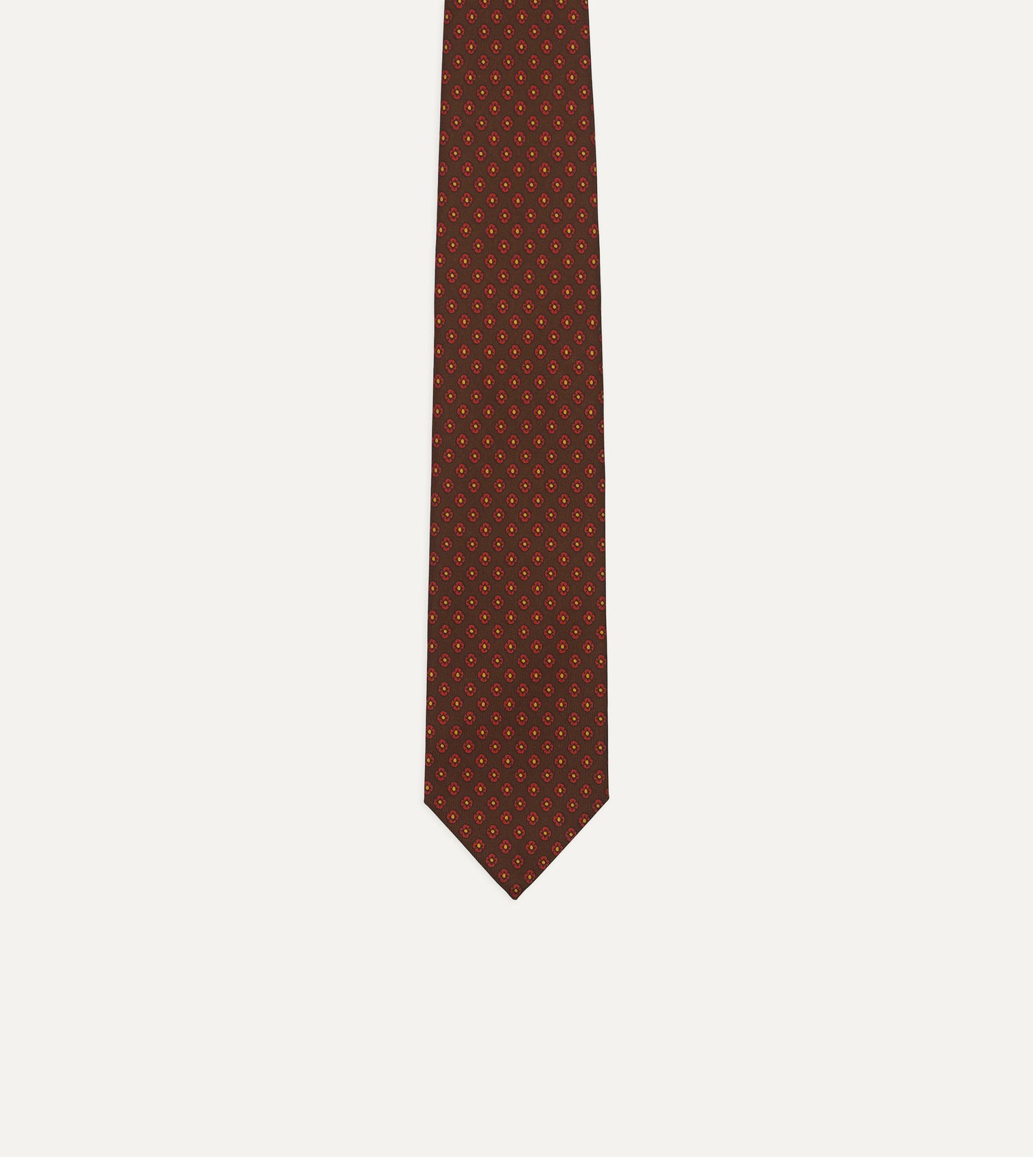 Brown Square Flower Print Silk Self-Tipped Tie