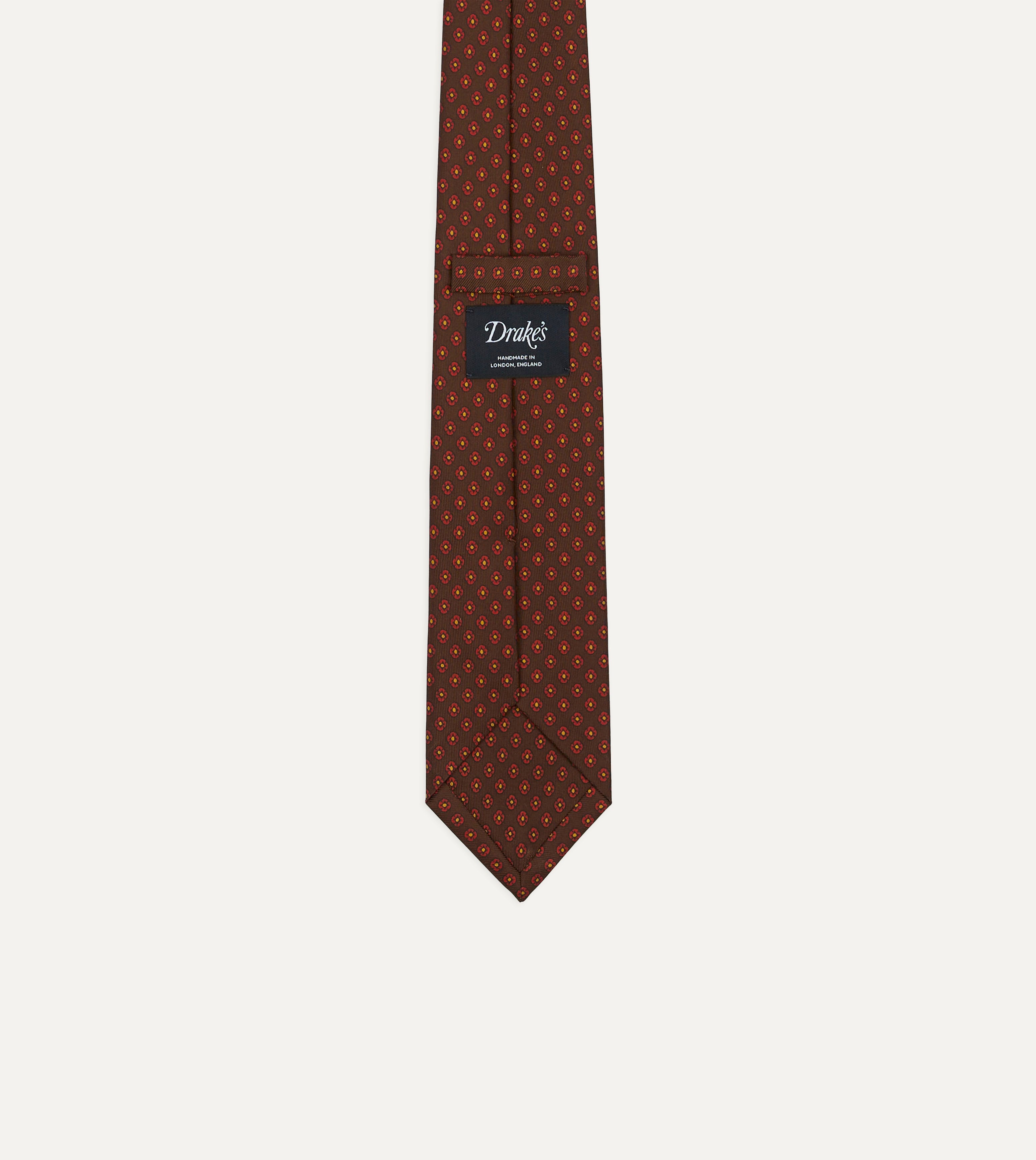 Brown Square Flower Print Silk Self-Tipped Tie