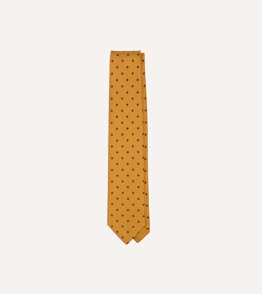 Mustard Flowers and Diamonds Print Silk Self Tipped Tie