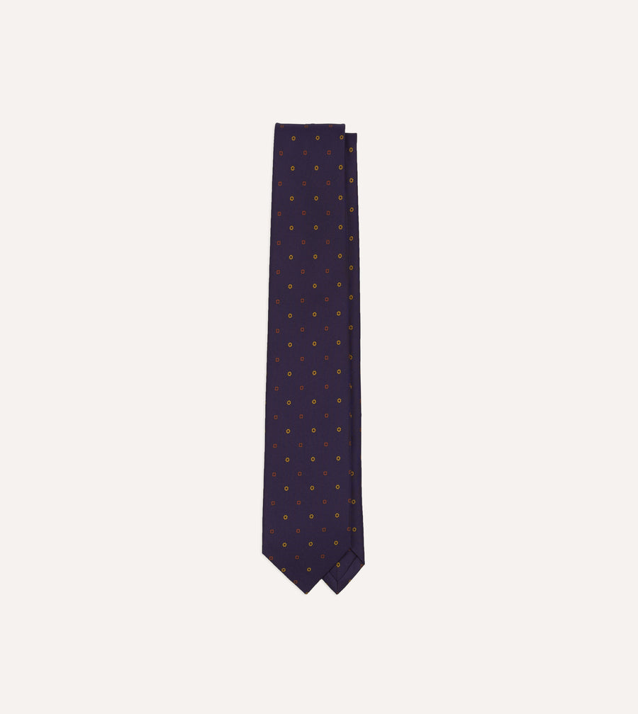 Purple Flowers and Diamonds Print Silk Self Tipped Tie