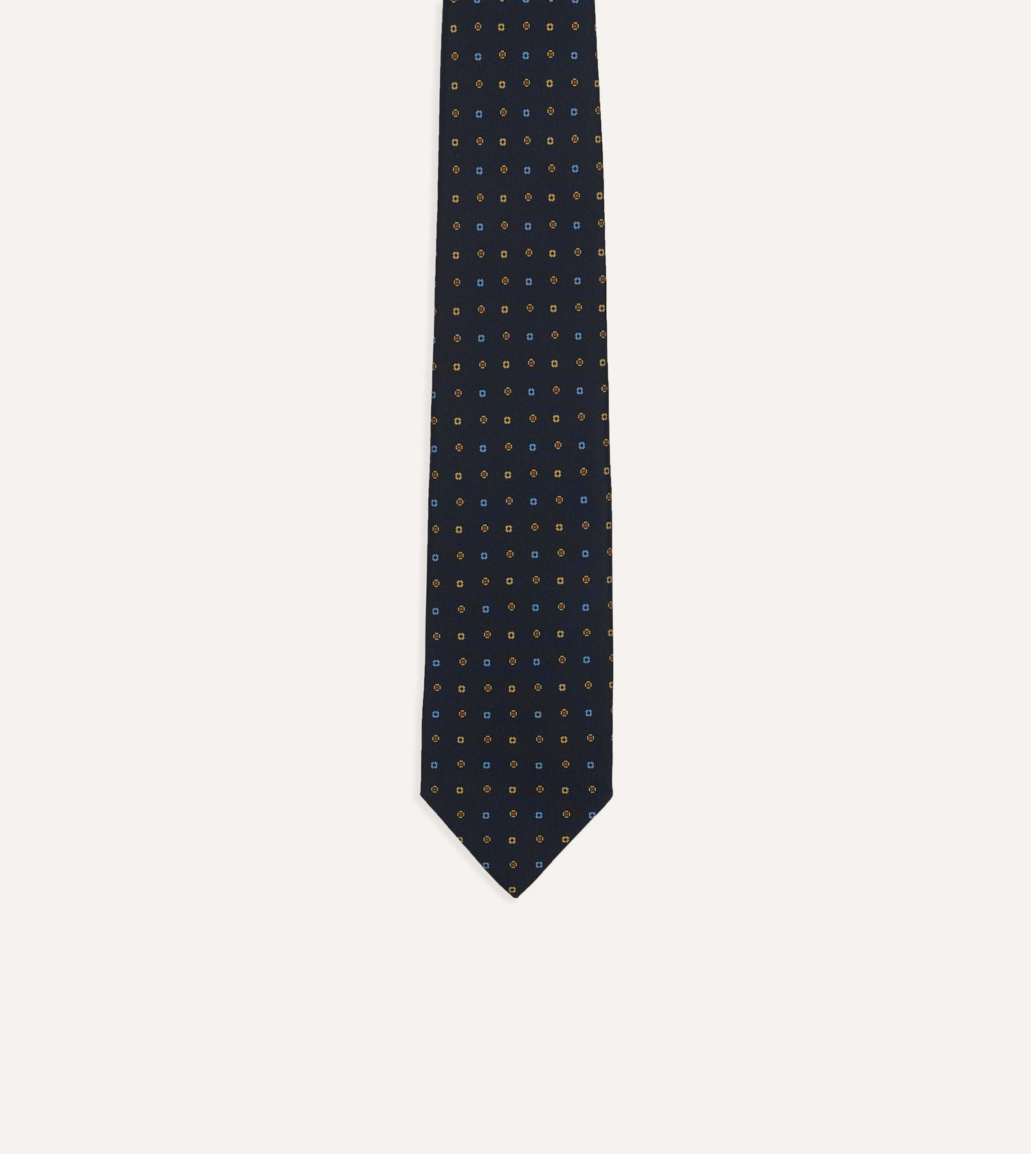 Navy Geometric Flower Print Silk Self-Tipped Tie